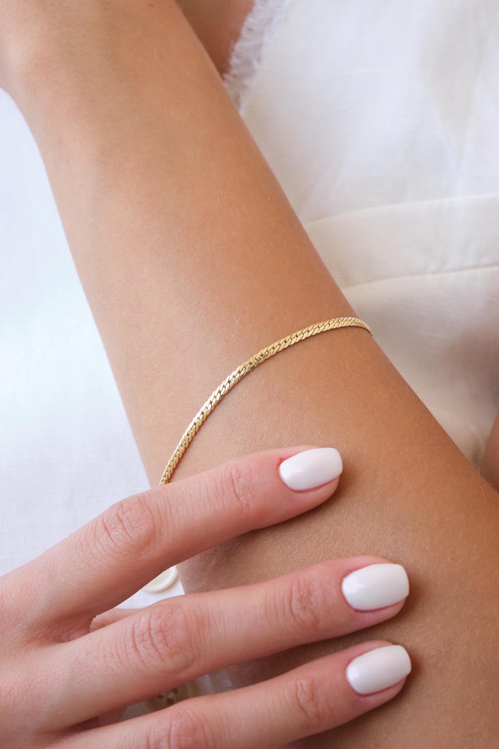 14K Gold 2.5MM Cuban Link Bracelet, Curb Chain Bracelet, Bold Link Chunky Vintage Chain Anklet, Men Women Stacking Bracelet, Gift For Her