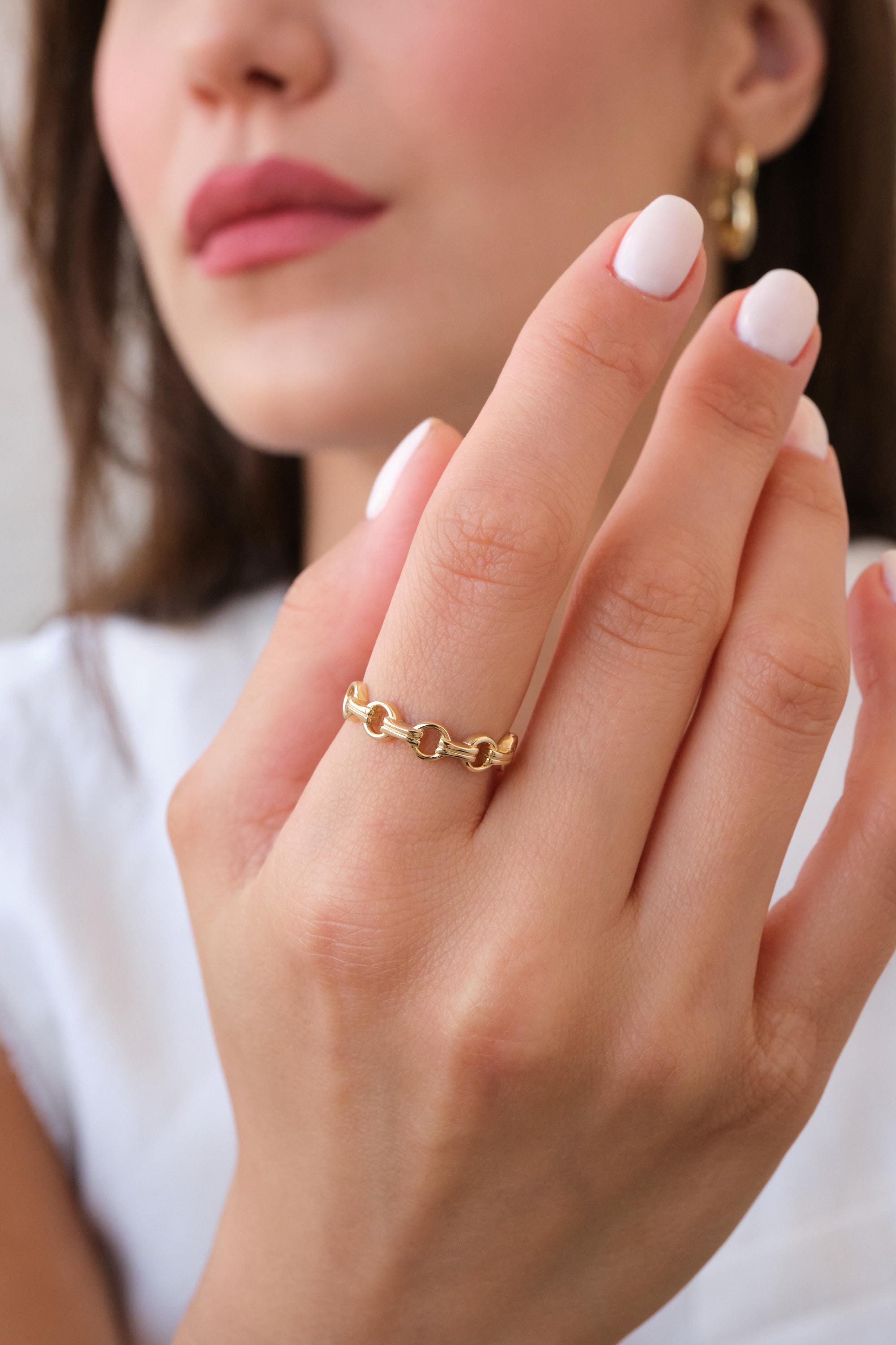 14K Gold Paperclip Chain Ring, Dainty Oval Link Ring, Minimal Solid Gold Band, Everyday Gold Ring, Gift for Her
