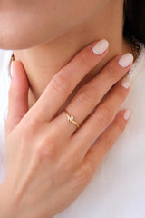 14K Gold Curved Solitaire Ring with CZ, Minimal Gold Solitaire Ring