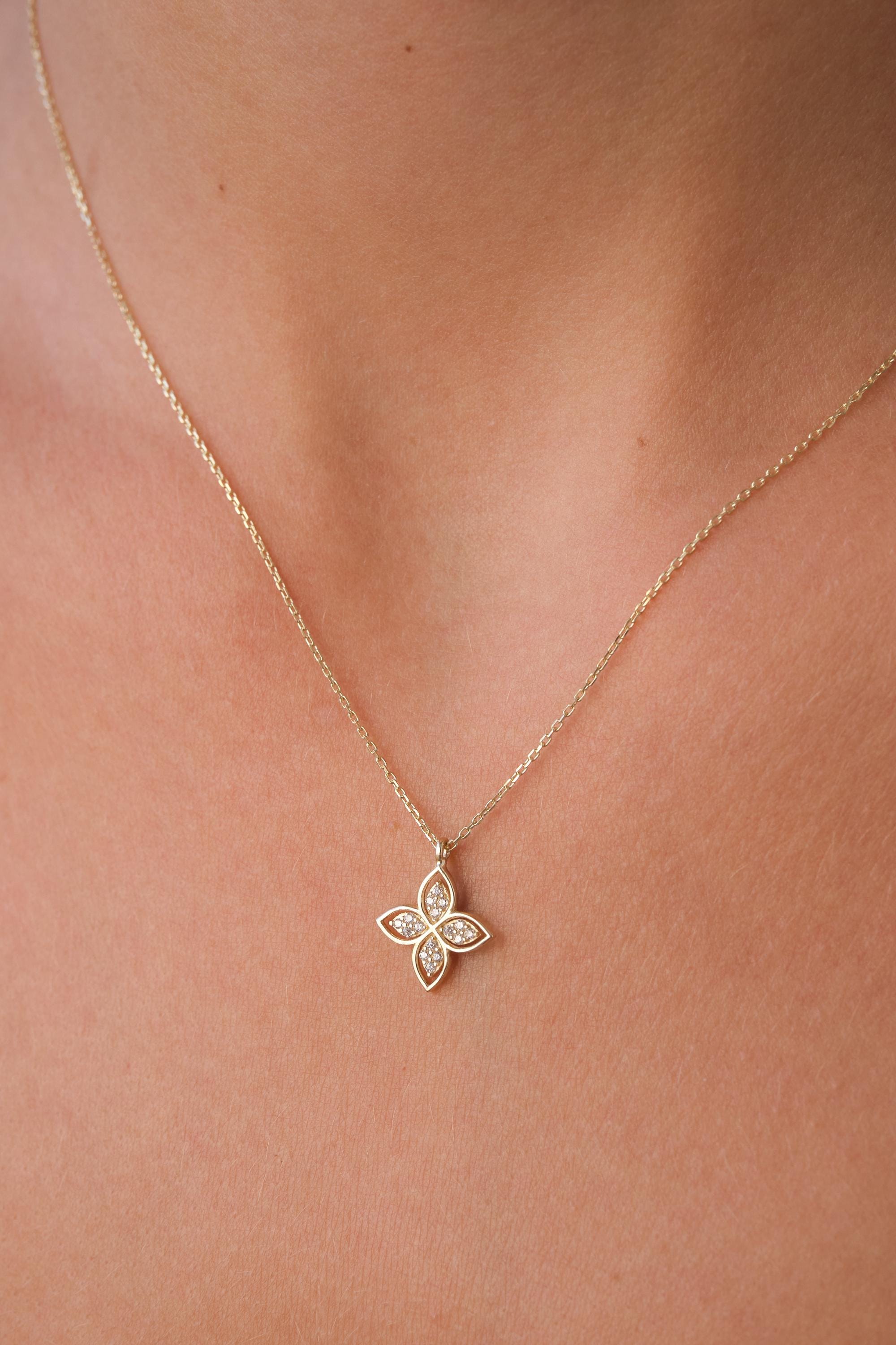 14K Gold Quatrefoil Necklace with CZ, Dainty Gold Floral Necklace, Clover Style Gold Pendant, Minimal CZ Necklace, Everyday Necklace for Her
