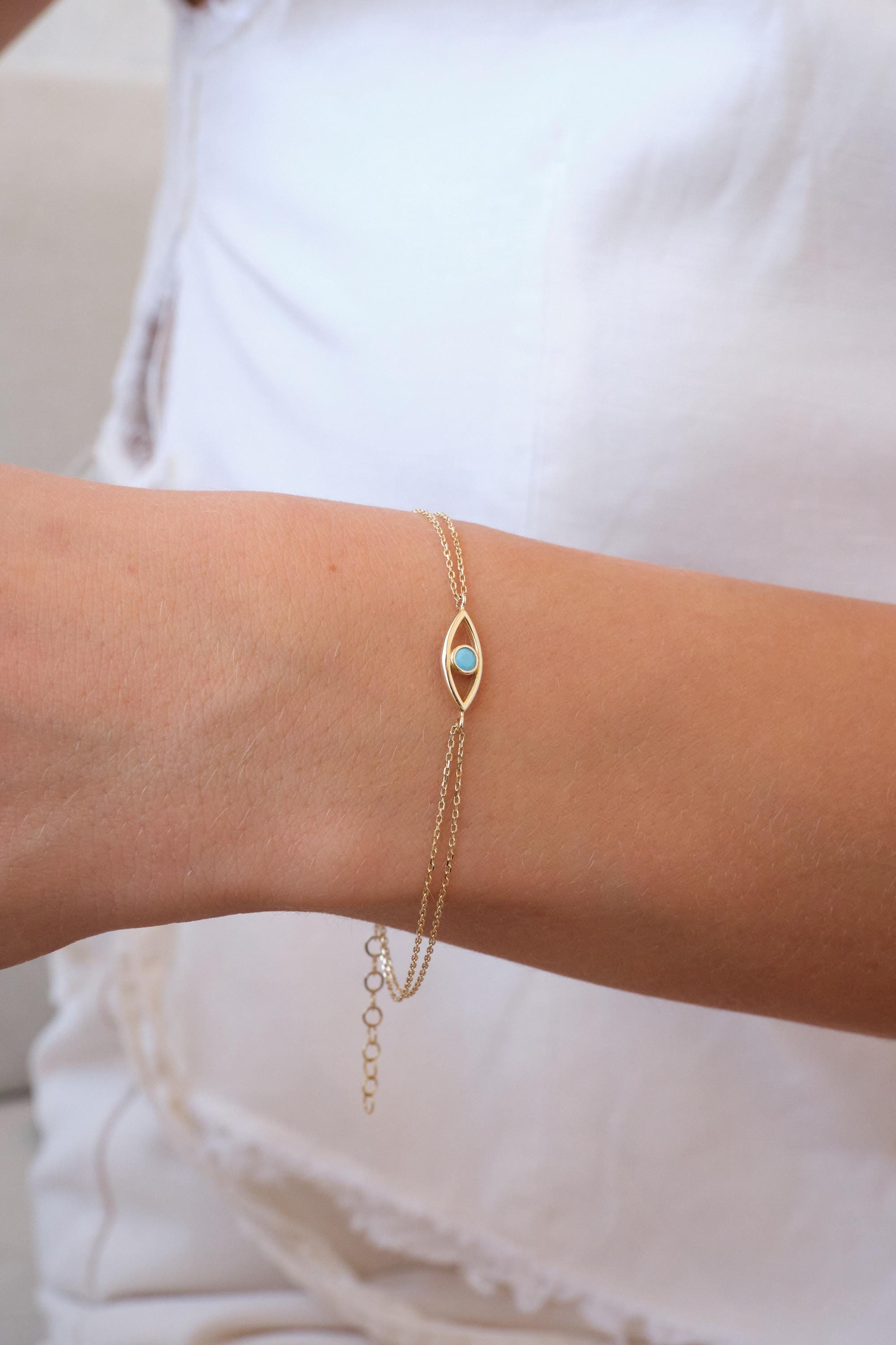 14K Gold Evil Eye Bracelet with Turquoise, Dainty Evil Eye Bracelet, Minimal Gold Chain Bracelet, Protection Bracelet, Everyday Gold Jewelry