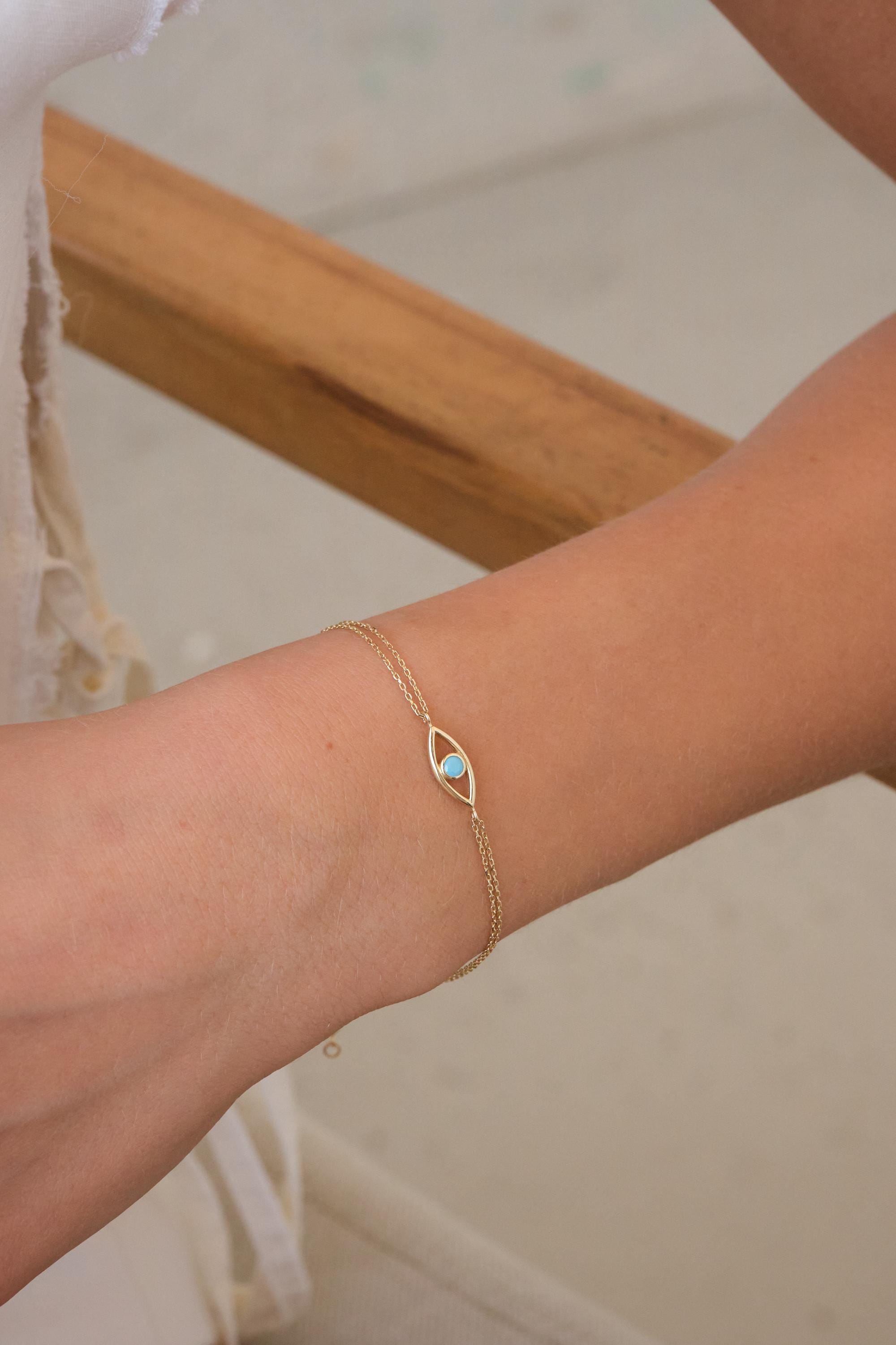 14K Gold Evil Eye Bracelet with Turquoise, Dainty Evil Eye Bracelet, Minimal Gold Chain Bracelet, Protection Bracelet, Everyday Gold Jewelry