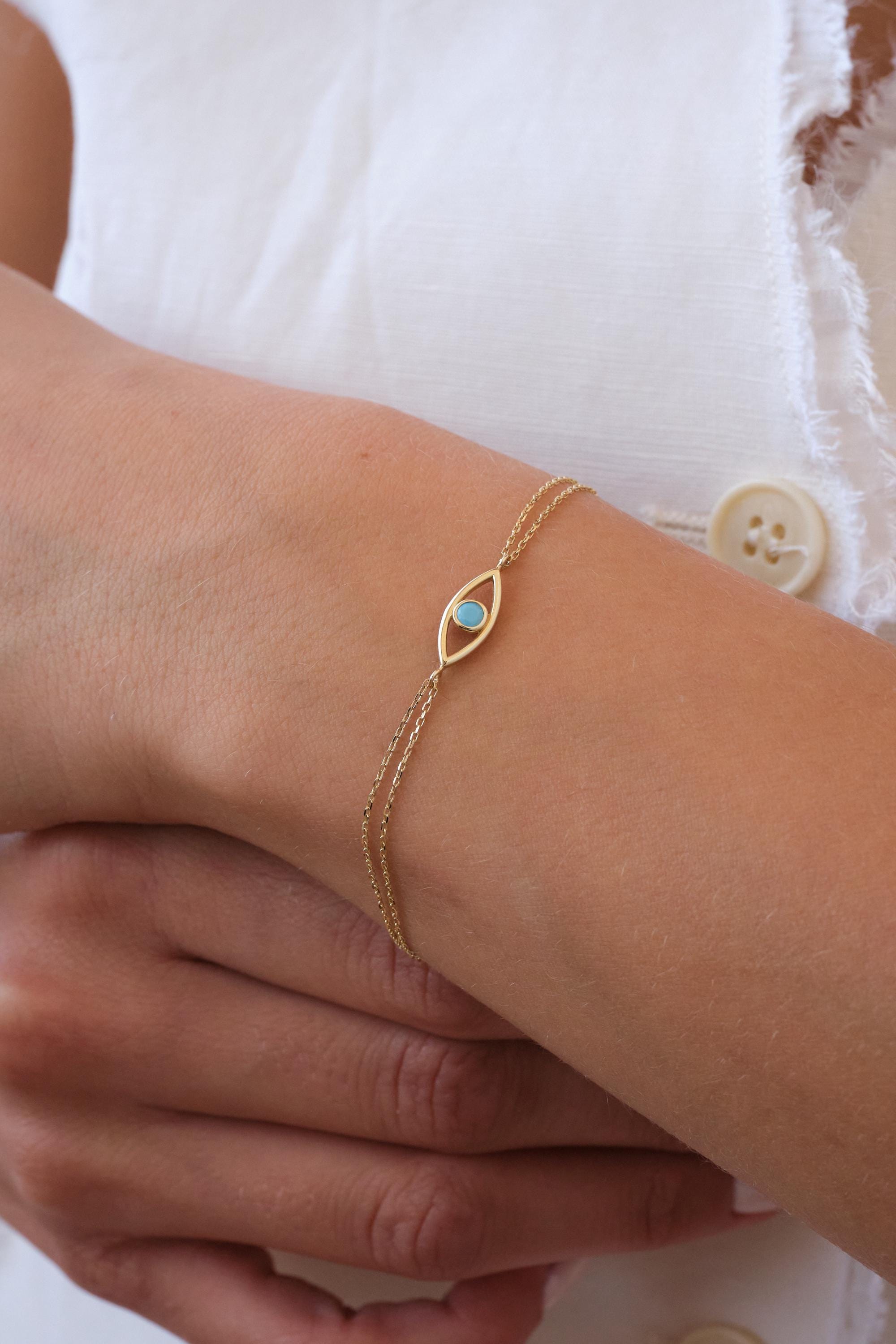 14K Gold Evil Eye Bracelet with Turquoise, Dainty Evil Eye Bracelet, Minimal Gold Chain Bracelet, Protection Bracelet, Everyday Gold Jewelry