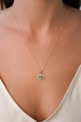 14K Gold Baguette Evil Eye Necklace, Sequin Chain Turquoise Pendant