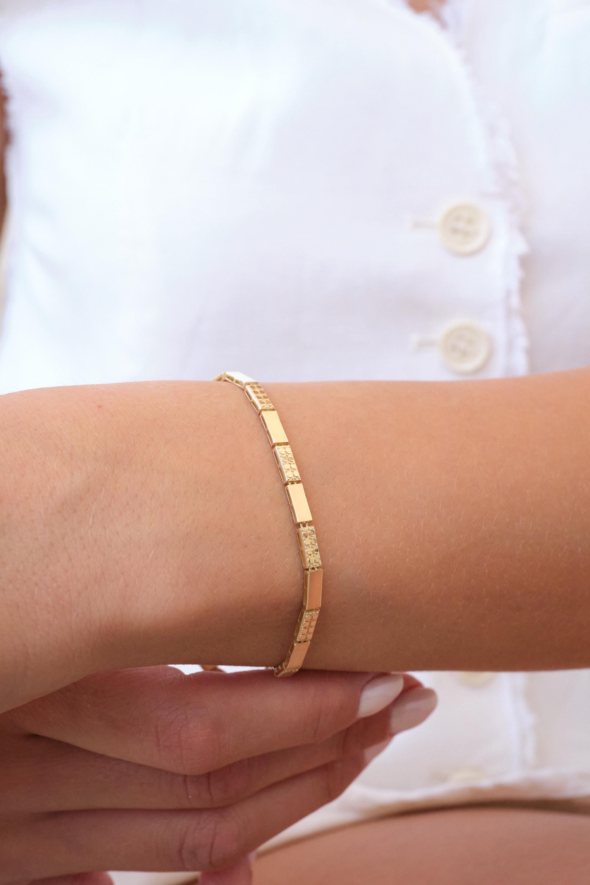 14K Gold Geometric Bar Bracelet, 3mm Station Link Gold Bracelet, Minimal Polished Gold Bracelet, Modern Everyday Gold Jewelry, Gift for Her
