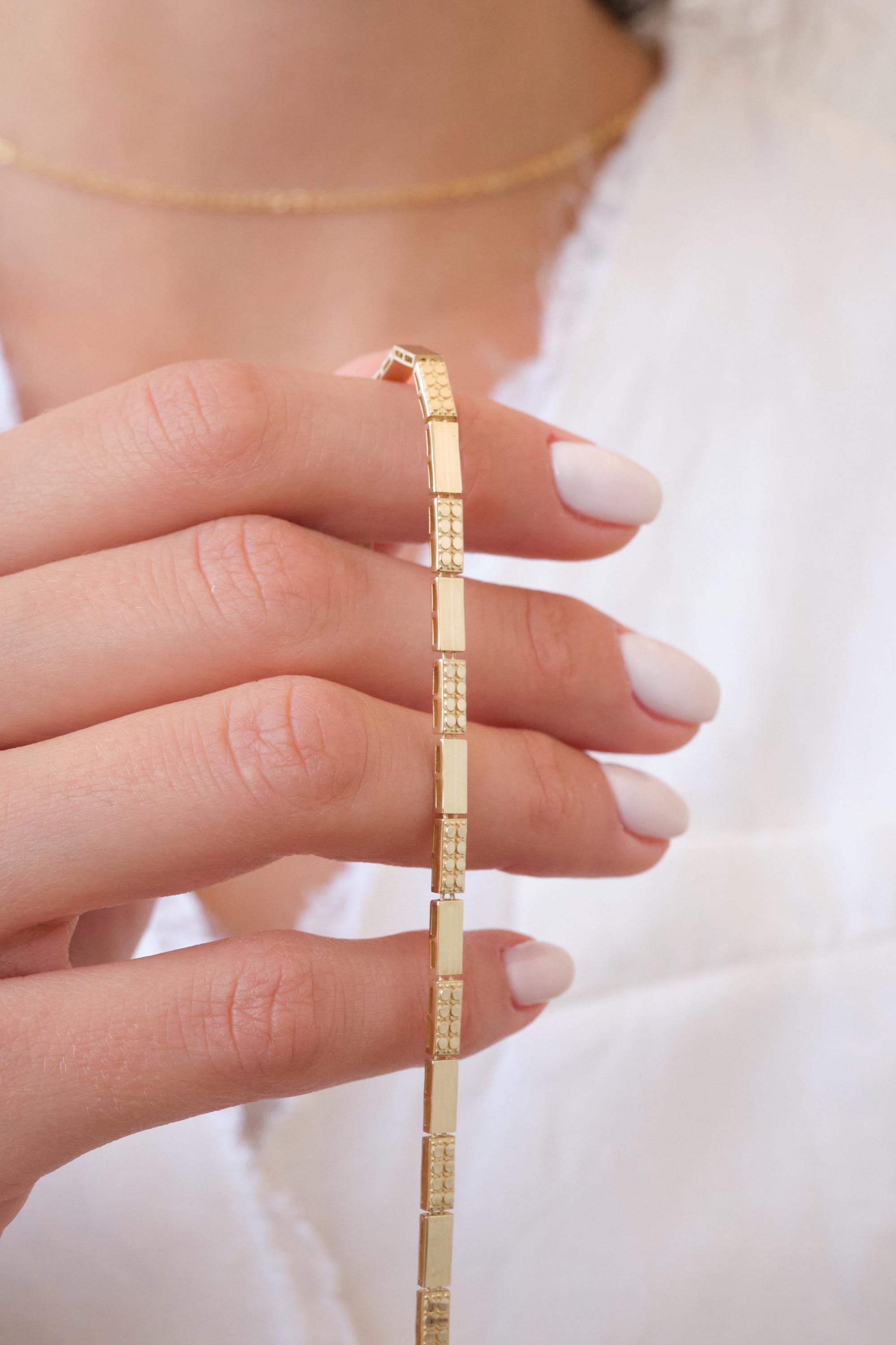 14K Gold Geometric Bar Bracelet, 3mm Station Link Gold Bracelet, Minimal Polished Gold Bracelet, Modern Everyday Gold Jewelry, Gift for Her