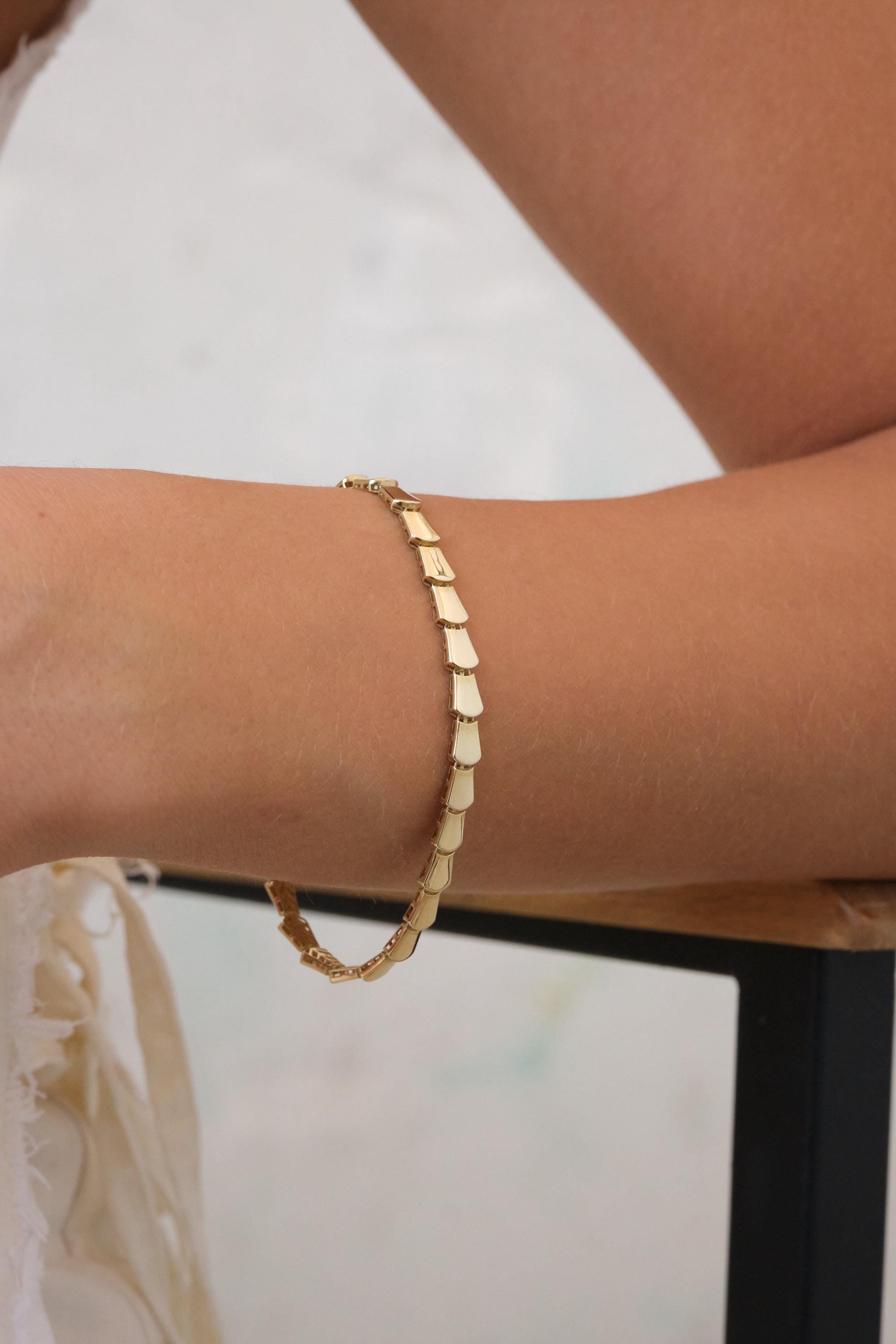 14K Gold Brick Link Bracelet, 5mm Geometric Gold Tile Bracelet, Modern Tapered Link Bracelet, Minimal Statement Gold Jewelry, Gift for Her