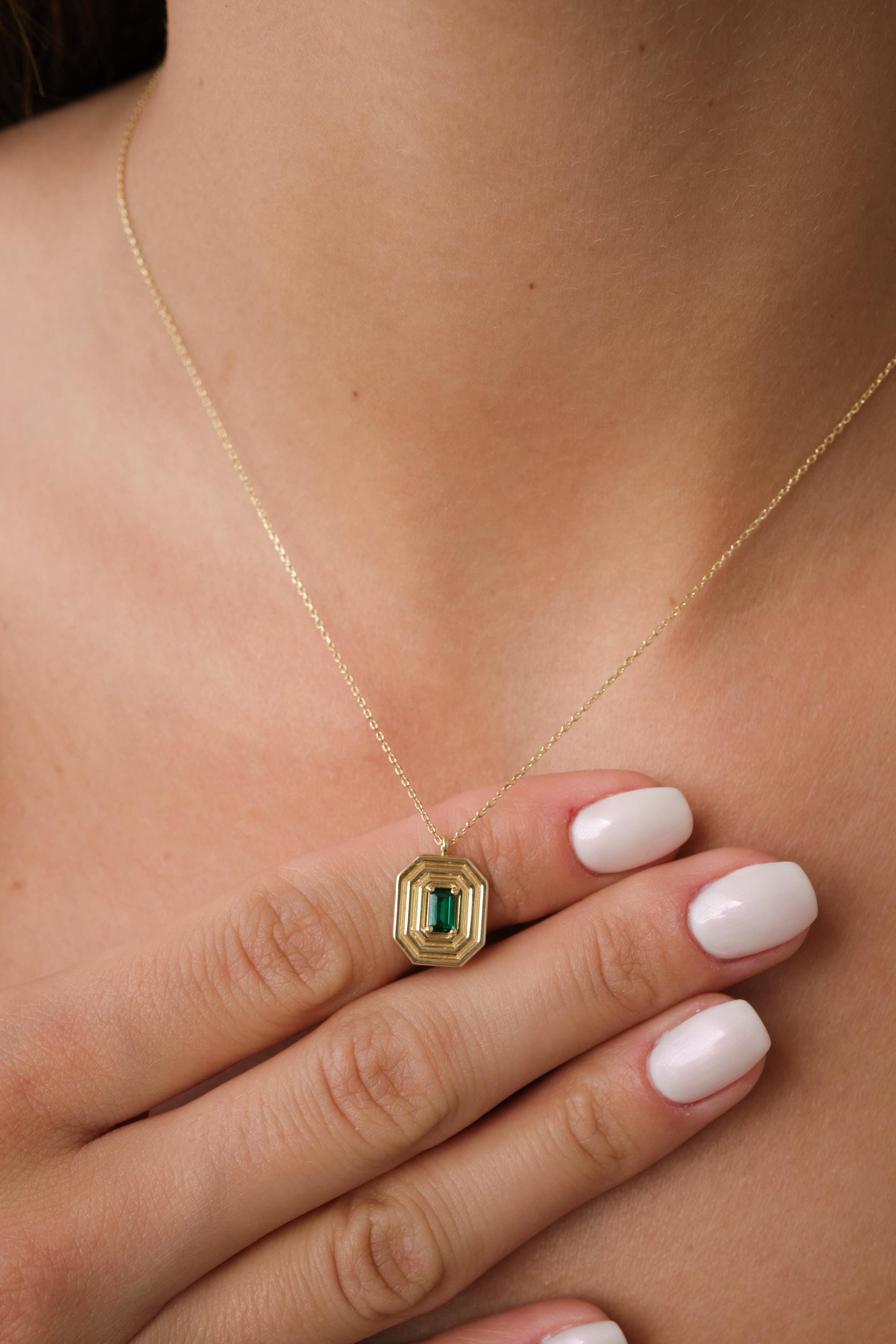 14K Gold Art Deco Emerald Pendant Necklace, Emerald Cut Green CZ Necklace, Geometric Gold Frame Necklace, Vintage Inspired Gold Necklace