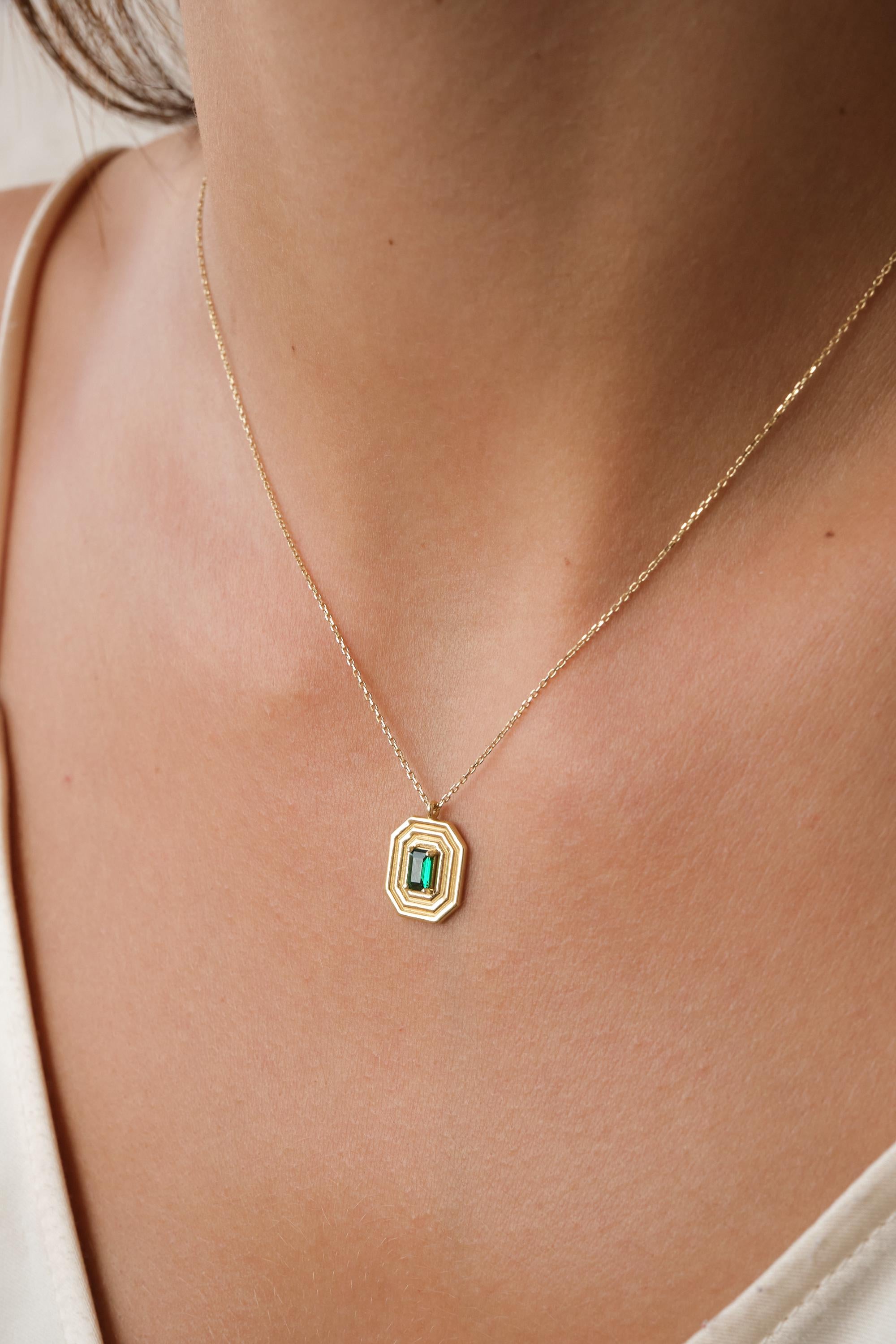 14K Gold Art Deco Emerald Pendant Necklace, Emerald Cut Green CZ Necklace, Geometric Gold Frame Necklace, Vintage Inspired Gold Necklace