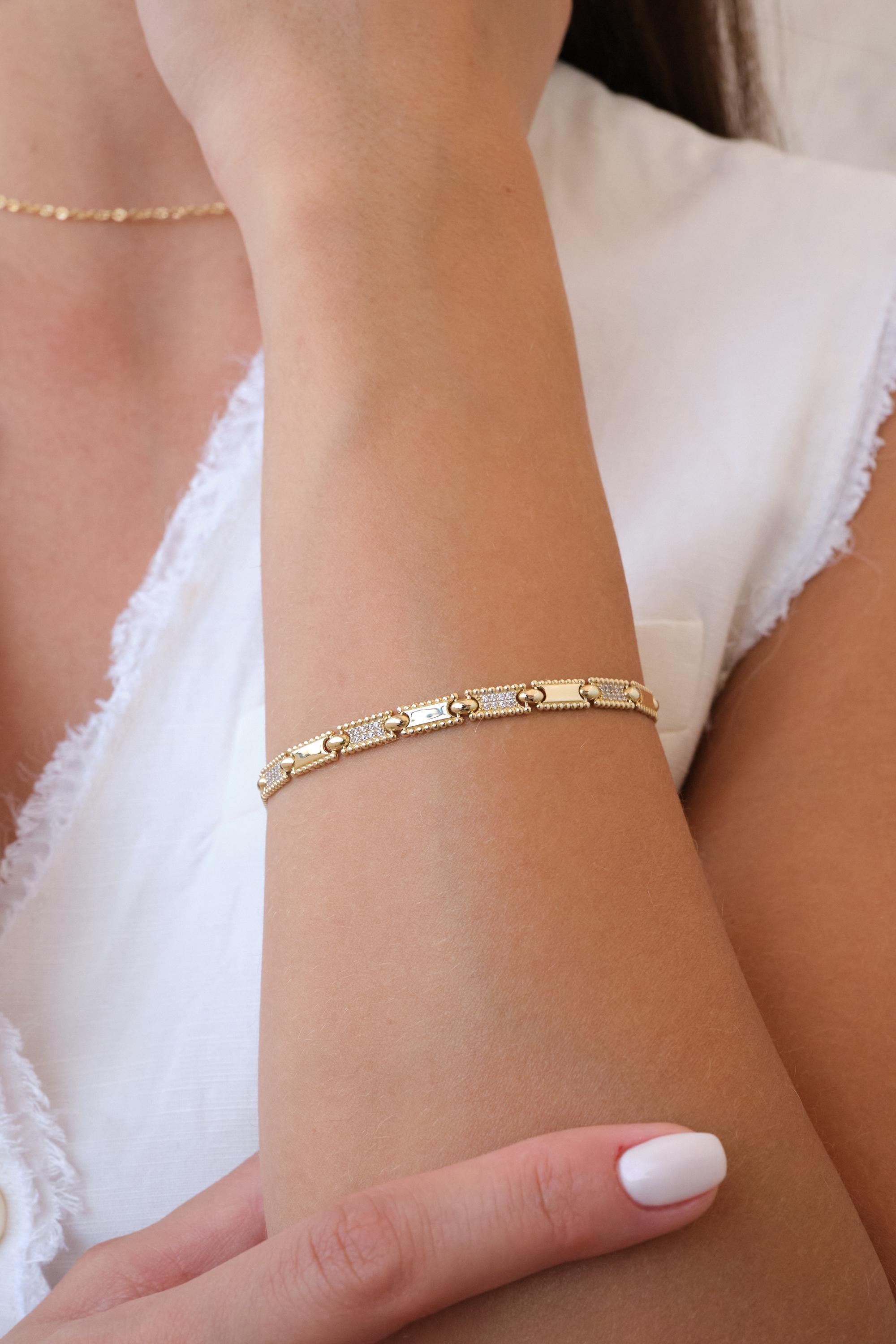 14K Gold CZ Bar Bracelet, 3.5mm Rectangle Bar Gold Bracelet, Dainty Geometric Gold Bracelet, Minimal Everyday Bracelet, Gift for Her