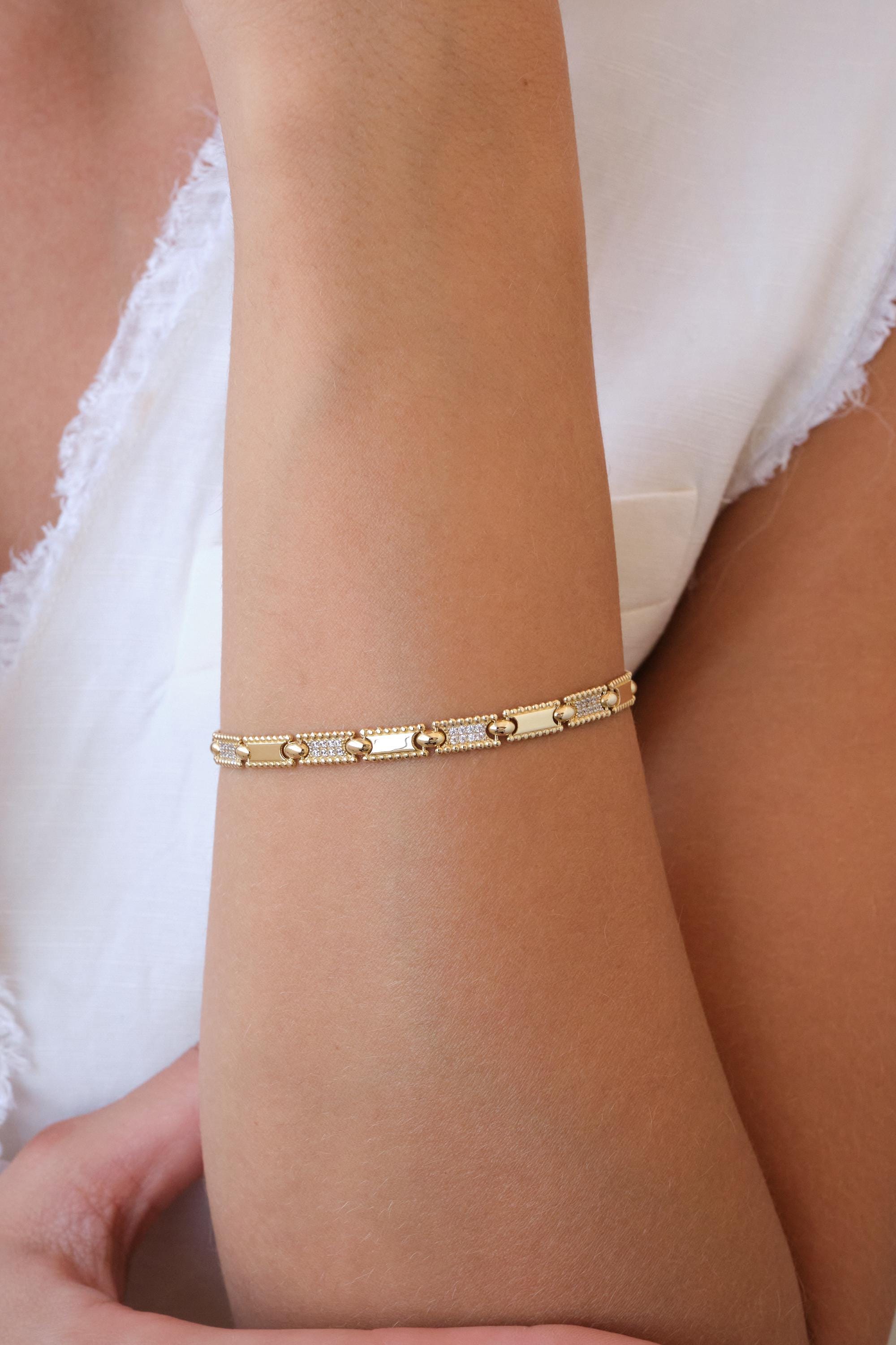 14K Gold CZ Bar Bracelet, 3.5mm Rectangle Bar Gold Bracelet, Dainty Geometric Gold Bracelet, Minimal Everyday Bracelet, Gift for Her