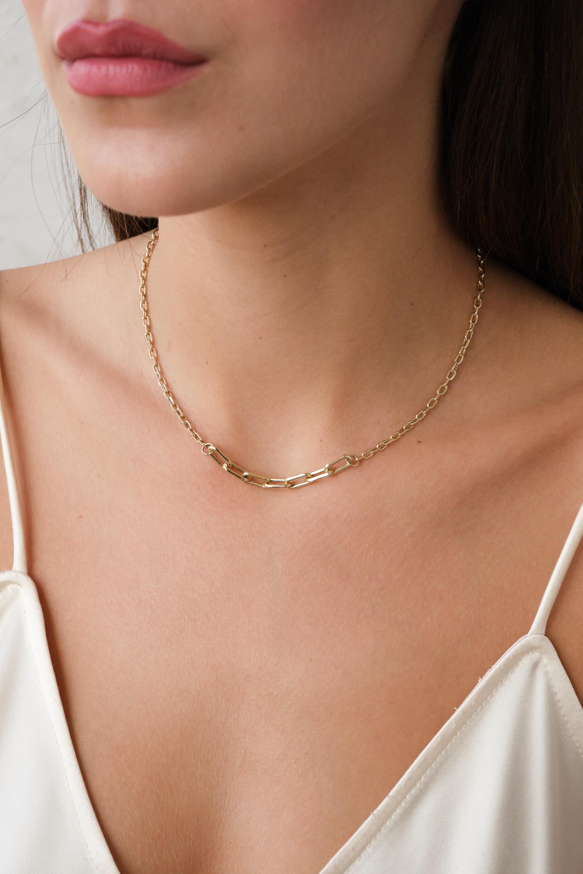 14K Gold Paperclip Necklace, Modern Elongated Link Chain, Minimal Gold Chain Necklace, Center Link Paperclip Necklace, Everyday Gold Jewelry