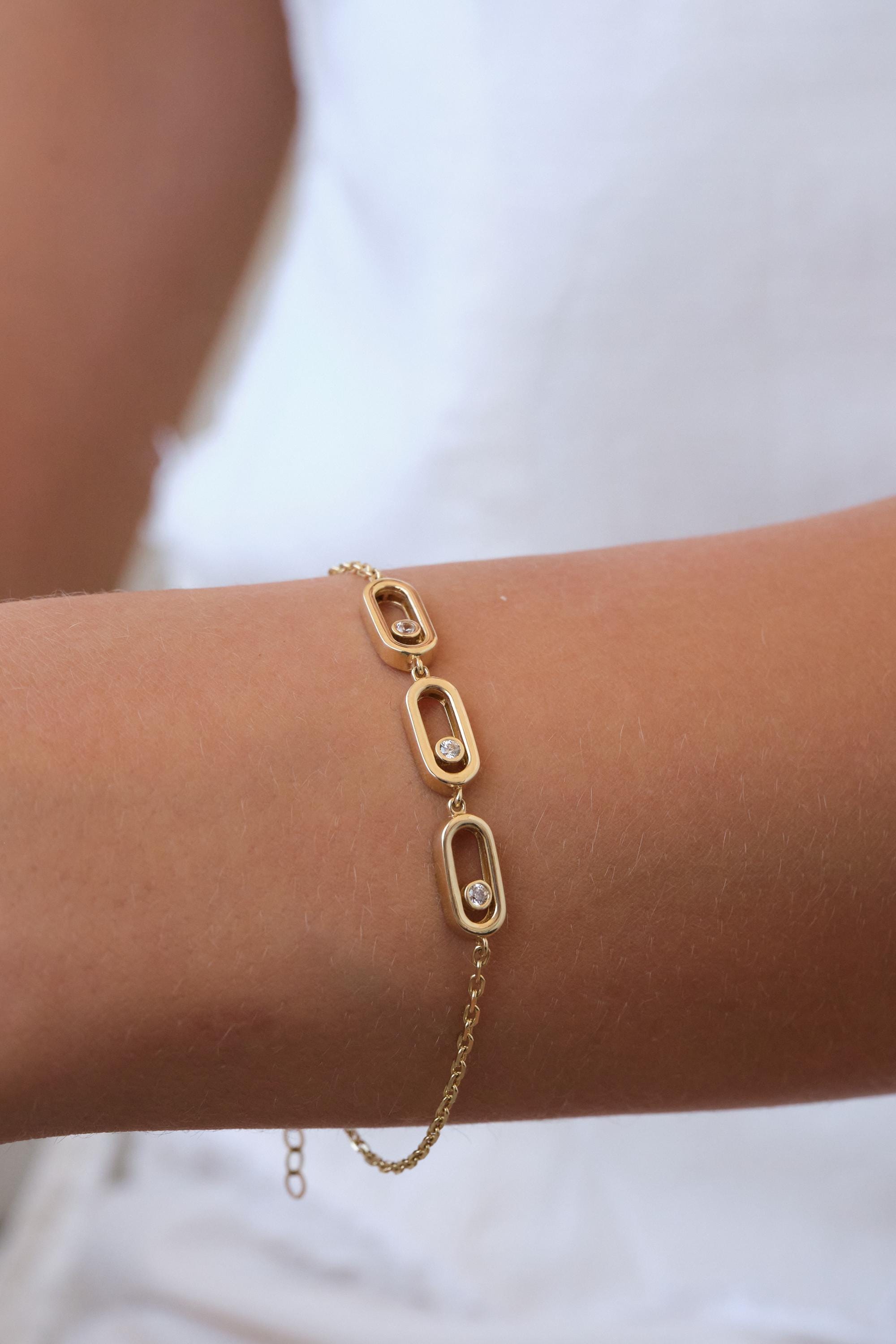14K Gold CZ Paperclip Bracelet, Oval Link Gold Bracelet, Minimal Sparkly Gold Chain Bracelet, Cubic Zirconia Link Bracelet, Gift for Her