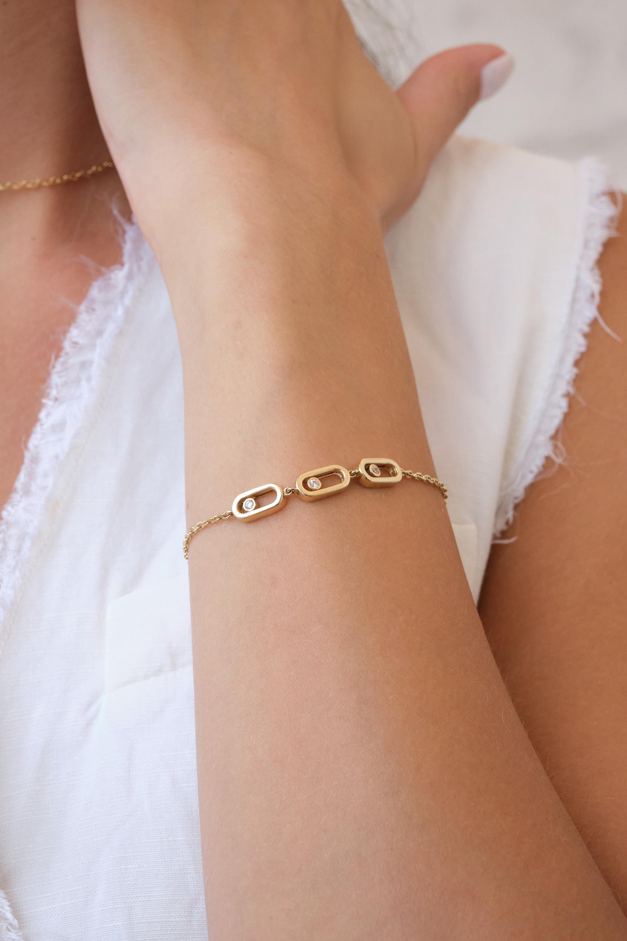 14K Gold CZ Paperclip Bracelet, Oval Link Gold Bracelet, Minimal Sparkly Gold Chain Bracelet, Cubic Zirconia Link Bracelet, Gift for Her