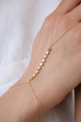14K Gold Slave Hand Chain Bracelet, Cz Ring Bracelet