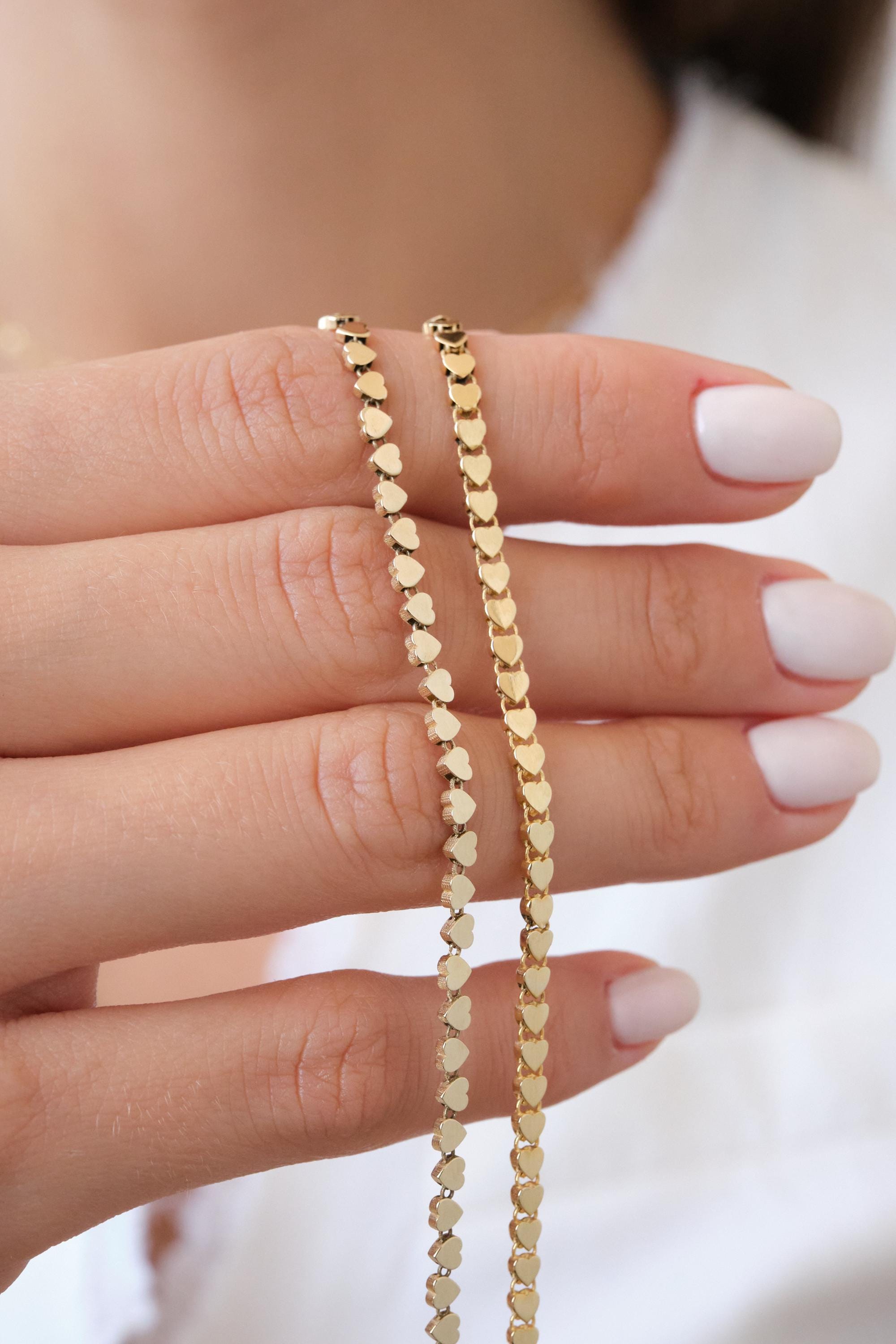 14K Gold Heart Bracelet, 3mm Minimal Dainty Gold Bracelet, Heart Charm Jewelry Gift for Her