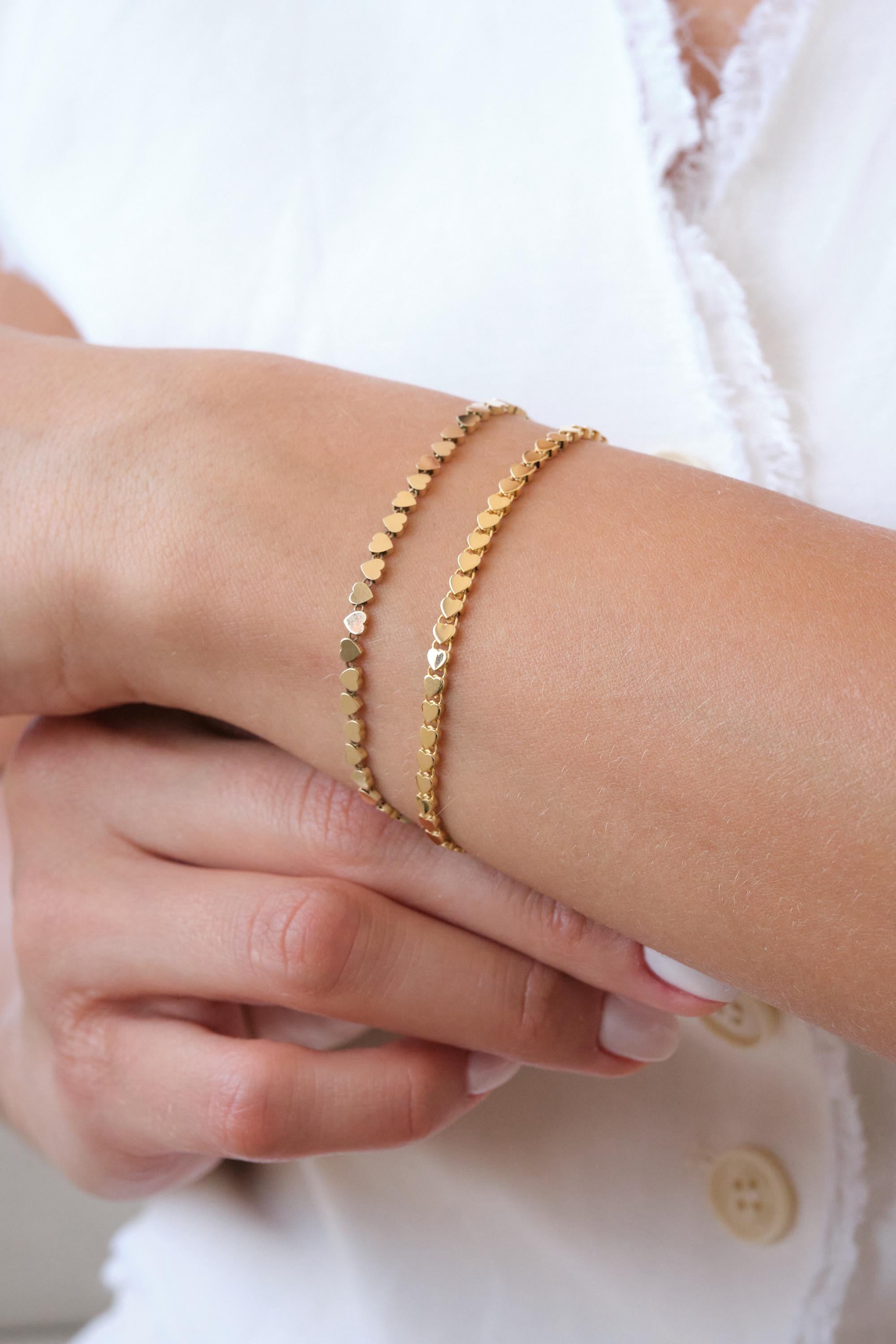 14K Gold Heart Bracelet, 3mm Minimal Dainty Gold Bracelet, Heart Charm Jewelry Gift for Her