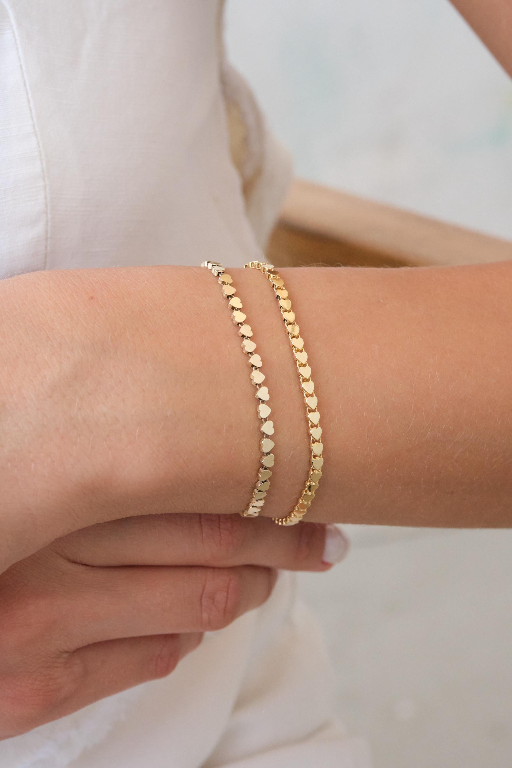 14K Gold Heart Bracelet, 3mm Minimal Dainty Gold Bracelet, Heart Charm Jewelry Gift for Her