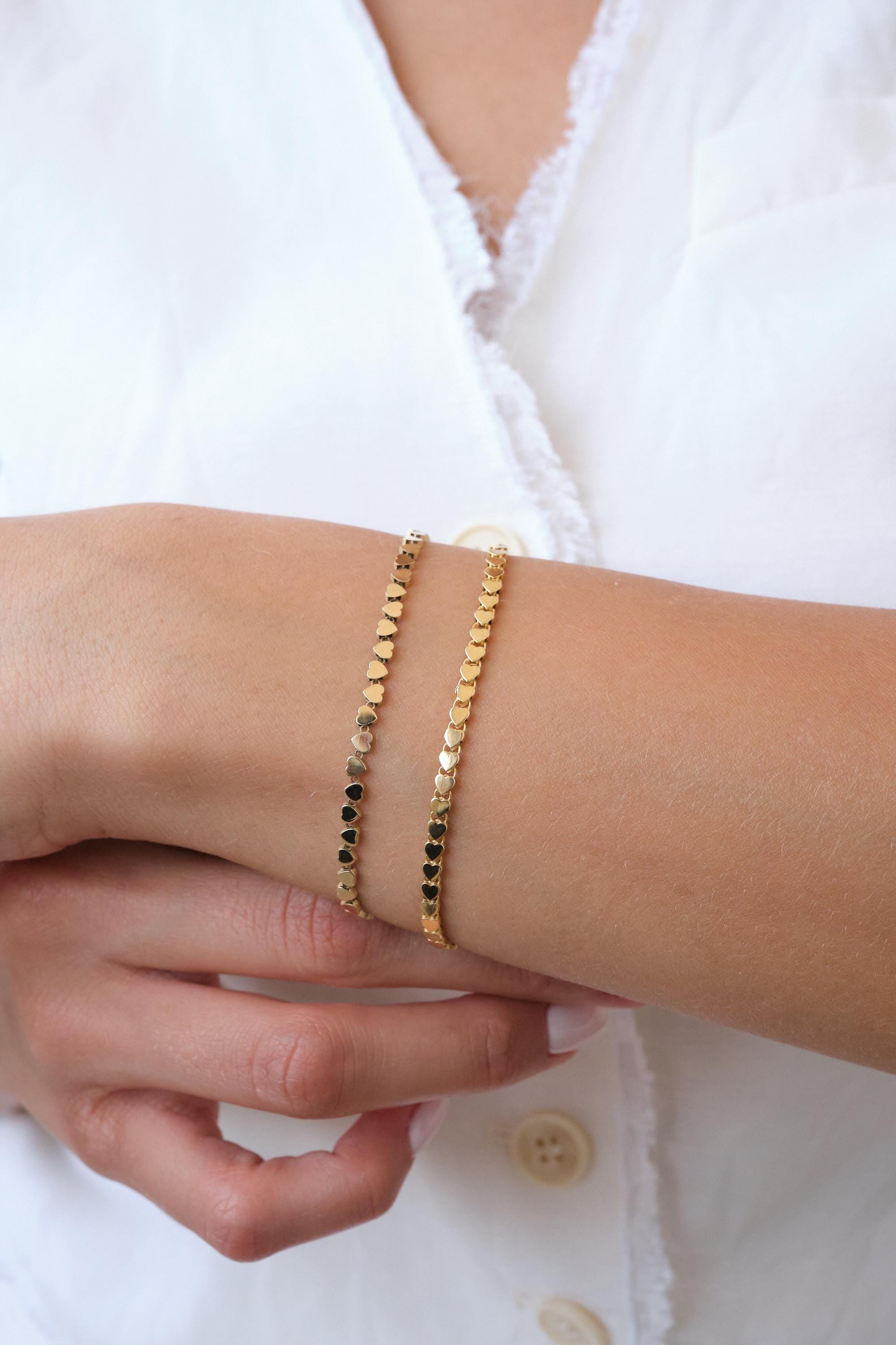 14K Gold Heart Bracelet, 3mm Minimal Dainty Gold Bracelet, Heart Charm Jewelry Gift for Her