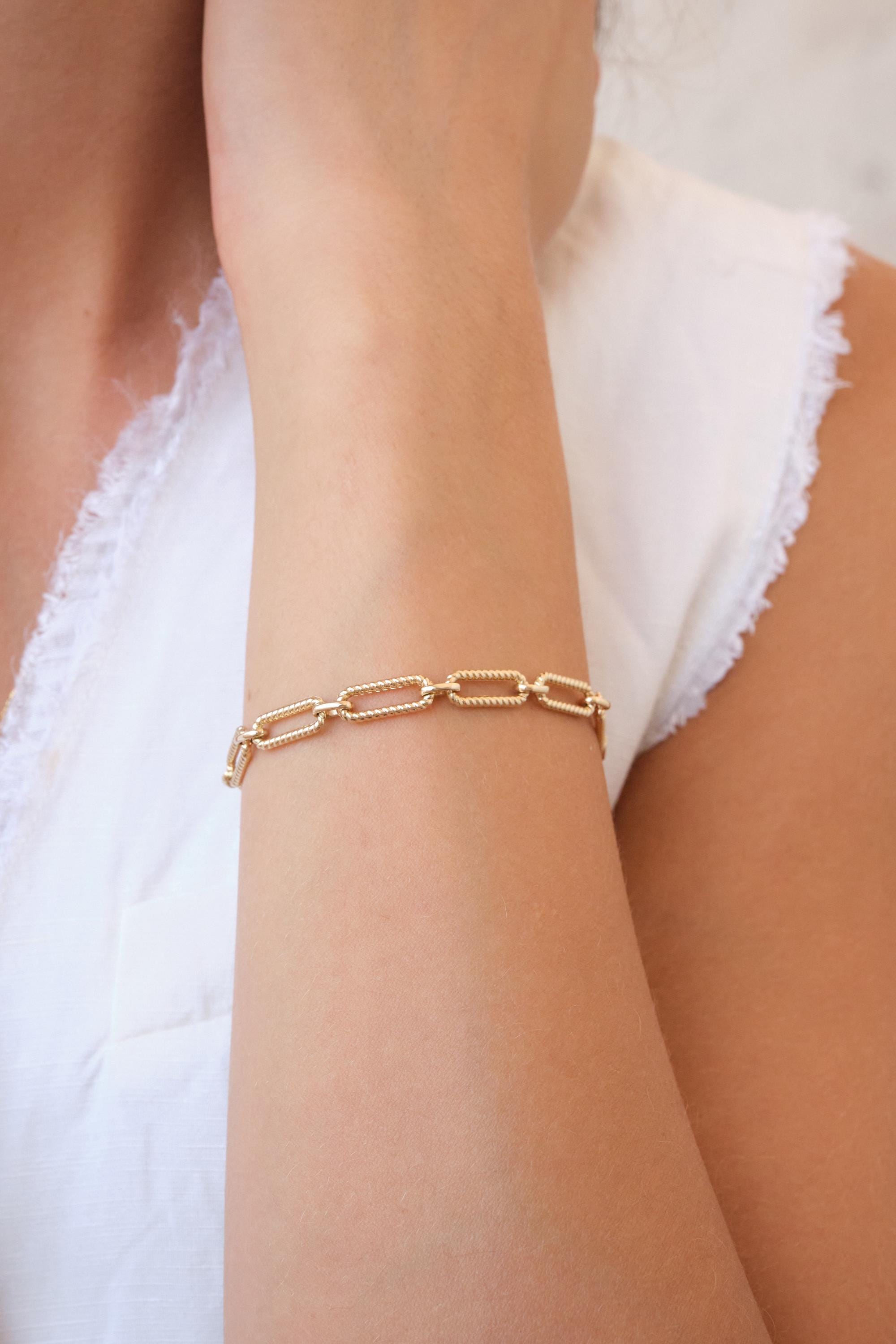 14K Gold Paperclip Chain Bracelet, 4.5mm Rectangle Long Chain, Rope Chain Link Bracelet, Stacking Bracelets, Twisted Chain, Gift For Her