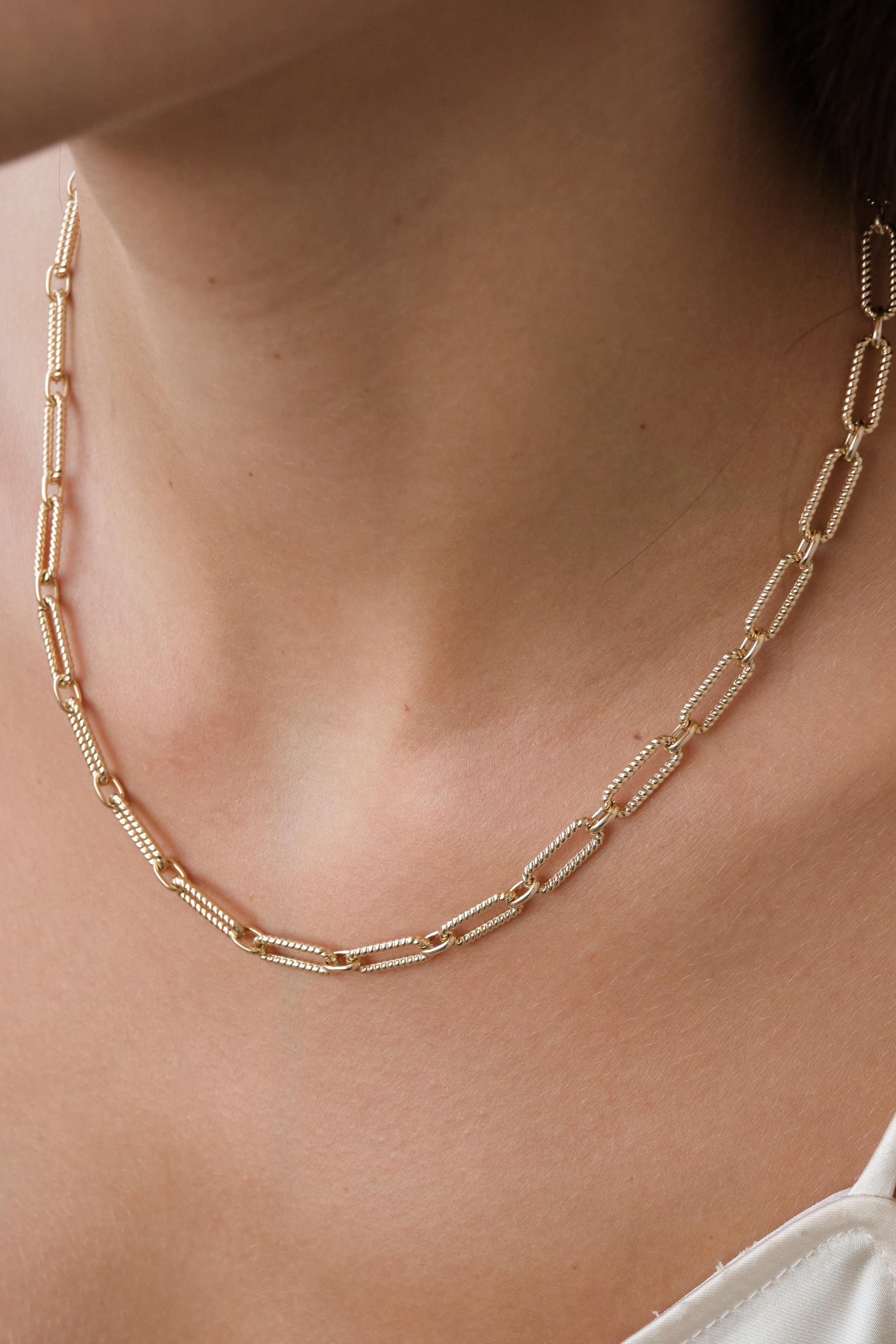 14K Gold Rectangle Long Chain Necklace, Paperclip Rope Rolo Chain, Chunky Oval Chain Link Necklace, Layered Everyday Choker Necklace