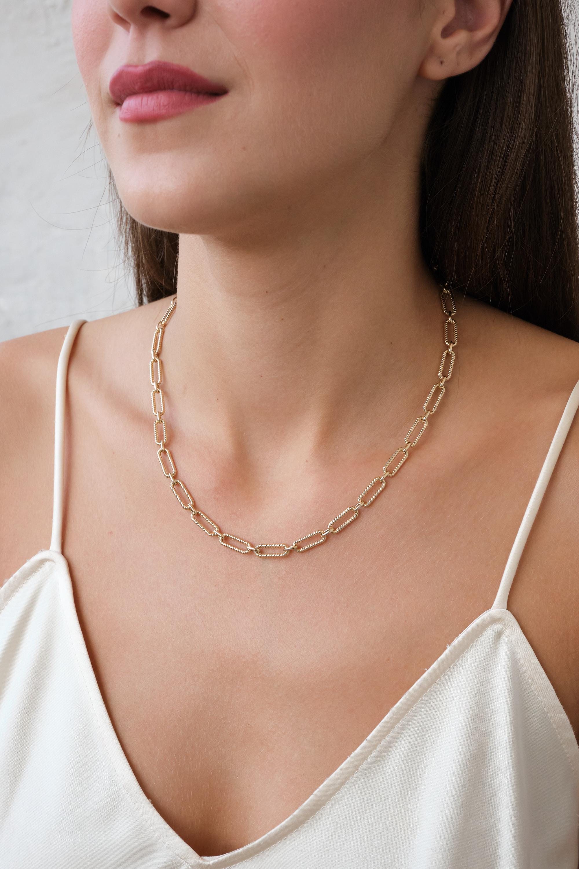 14K Gold Rectangle Long Chain Necklace, Paperclip Rope Rolo Chain, Chunky Oval Chain Link Necklace, Layered Everyday Choker Necklace