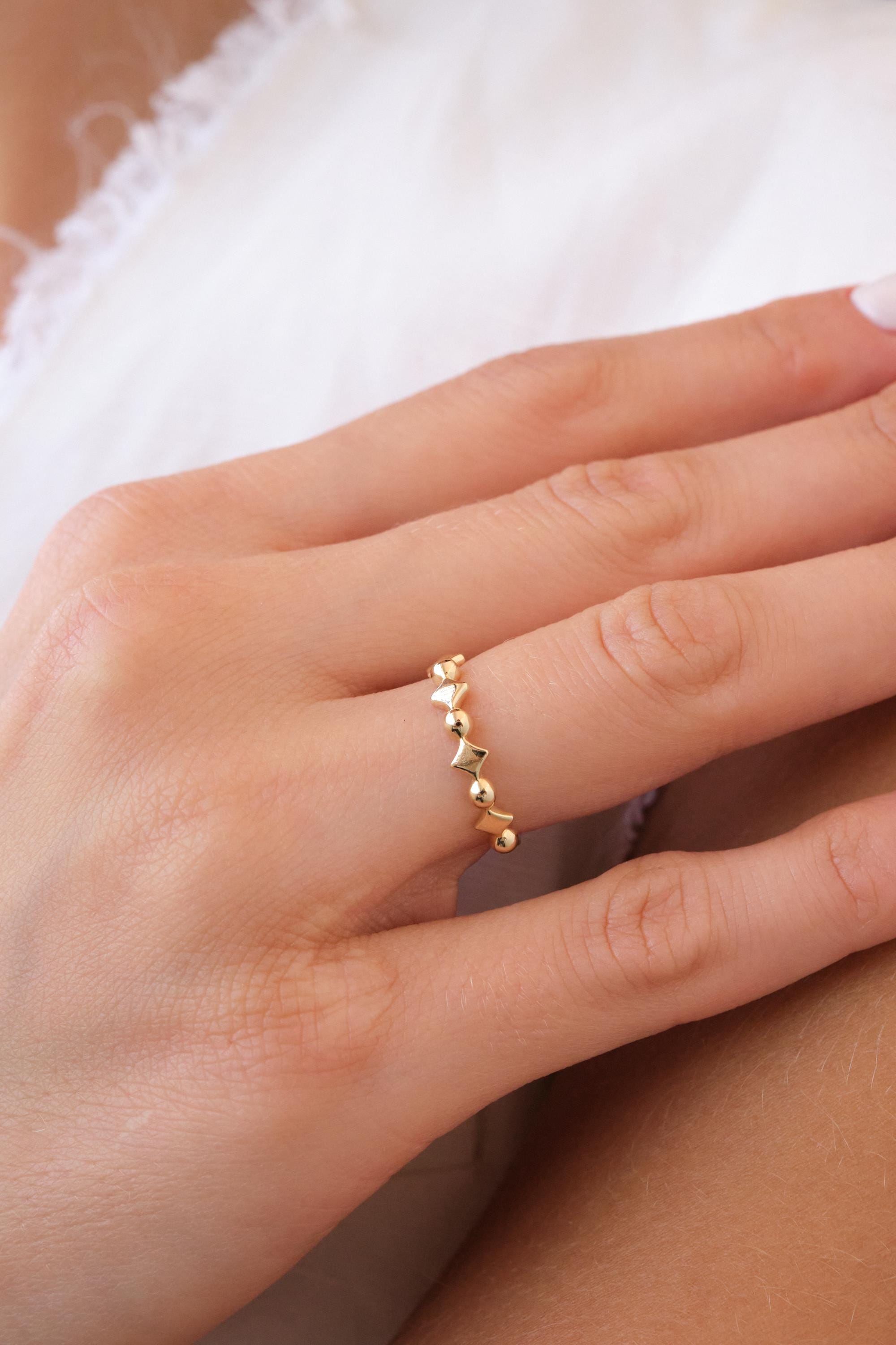 14K Gold Beaded Ring, Zigzag Bead Band, Minimal Gold Ring, Dainty Stacking Ring, Modern Everyday Gold Band