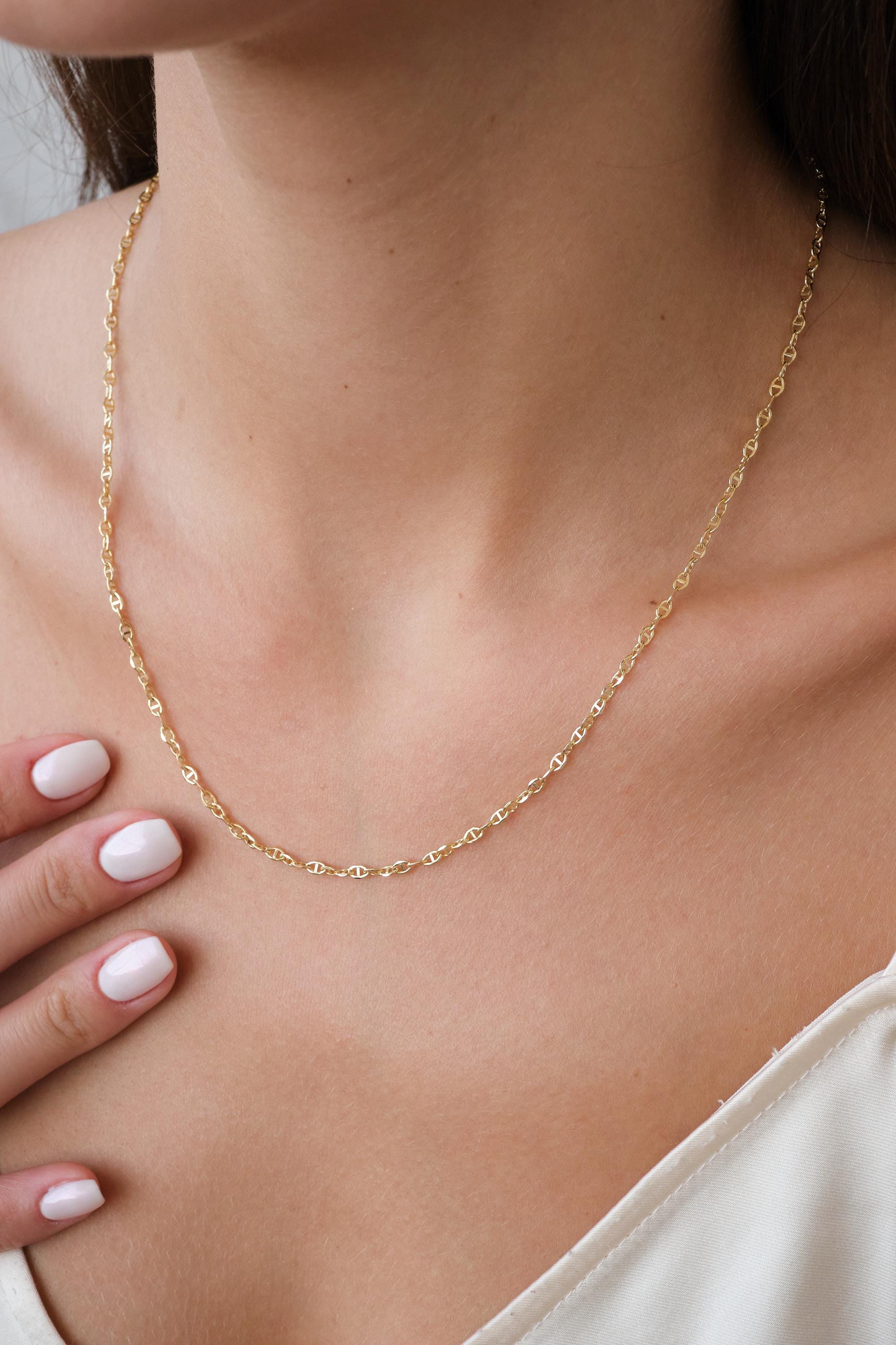 14K Gold Mariner Chain Necklace, 2mm Mariner Link Chain Necklace, Anchor Link Necklace, Minimalist Layering Necklace