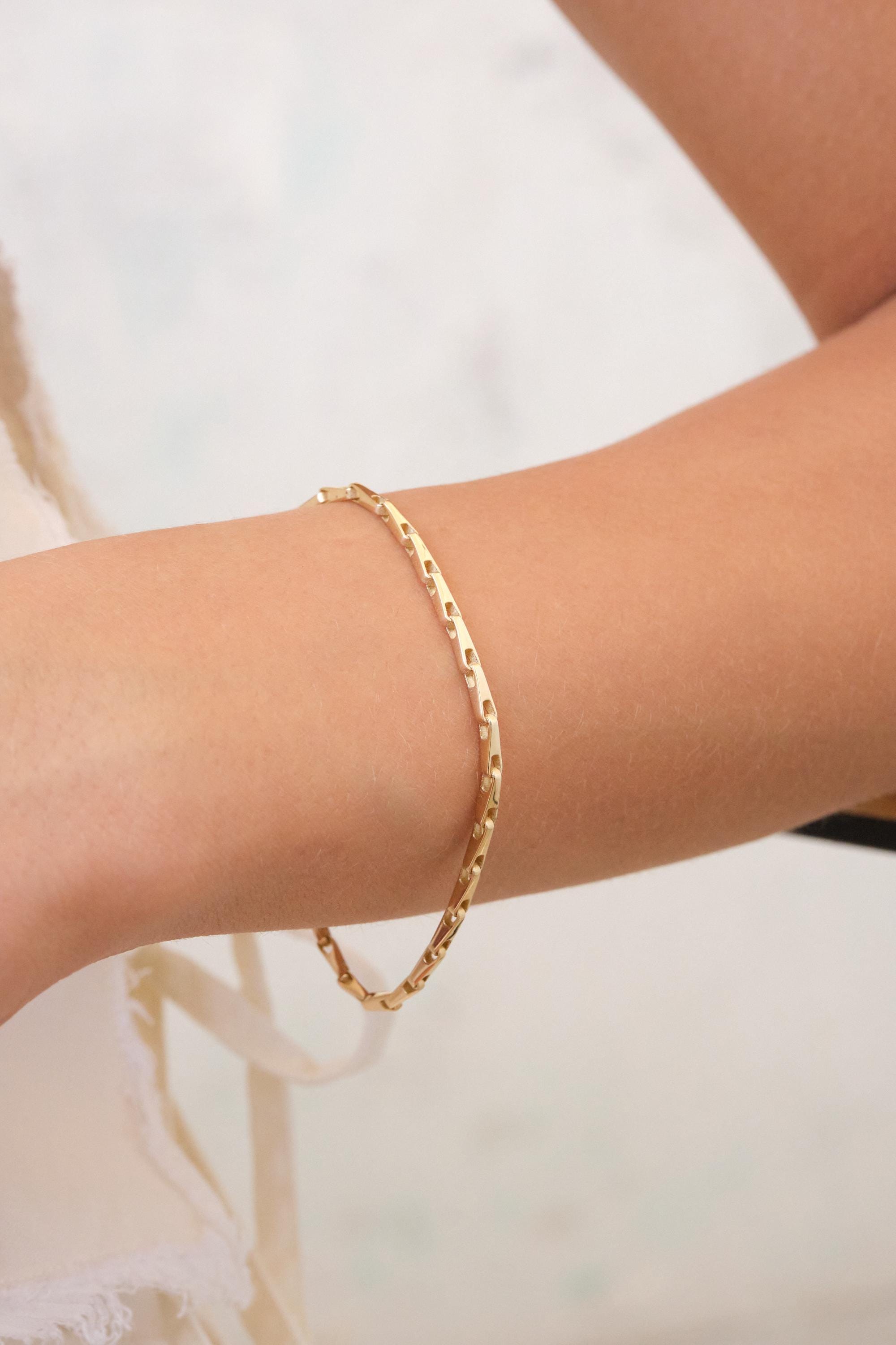 14K Gold Bar Link Bracelet, 2.50mm Minimal Gold Chain Bracelet, Dainty Flat Link Bracelet, Everyday Gold Bracelet, Gift for Her