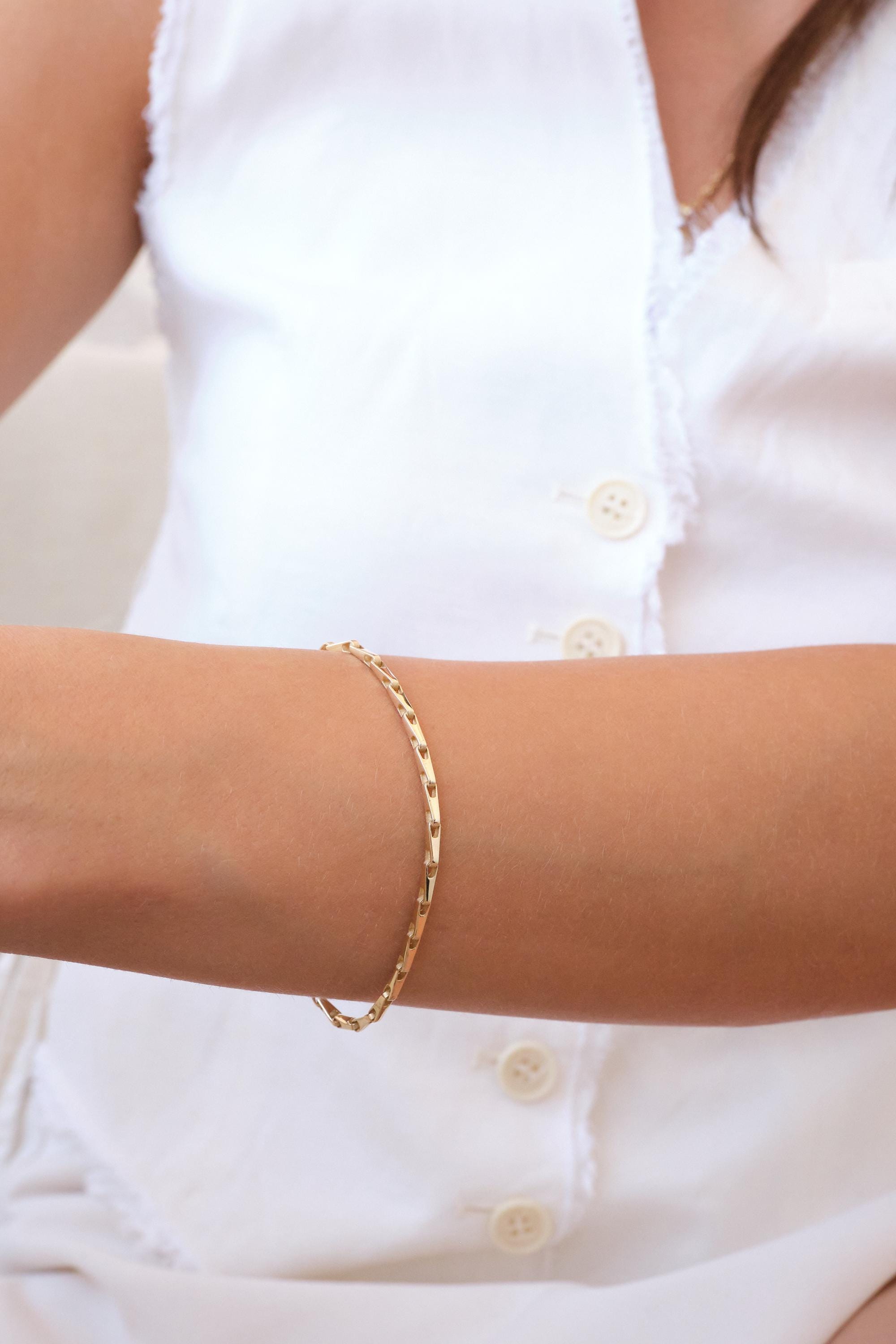 14K Gold Bar Link Bracelet, 2.50mm Minimal Gold Chain Bracelet, Dainty Flat Link Bracelet, Everyday Gold Bracelet, Gift for Her