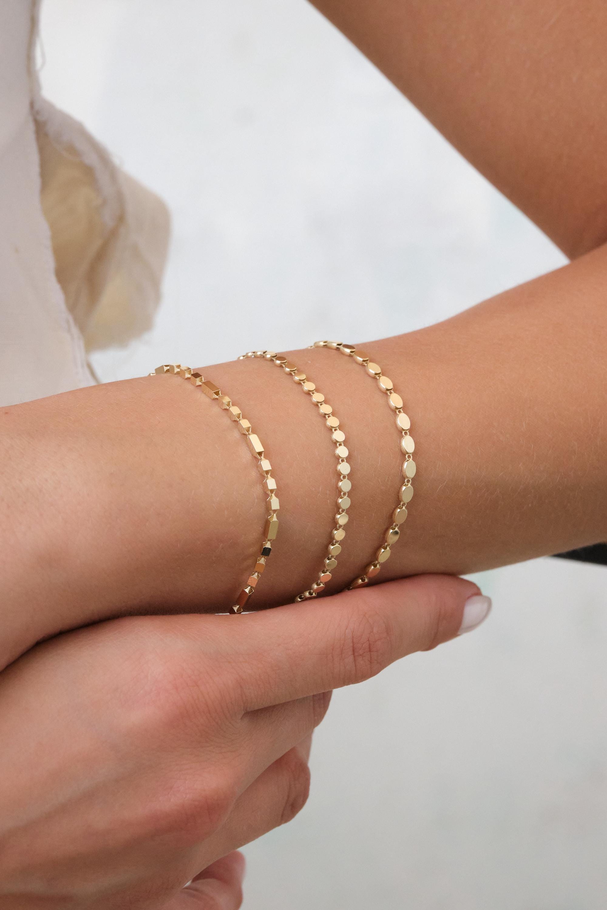 14K Gold Disc Chain Bracelet, 3mm Flat Dot Gold Bracelet, Minimal Everyday Gold Chain, Solid Gold Stacking Bracelet Gift for Her
