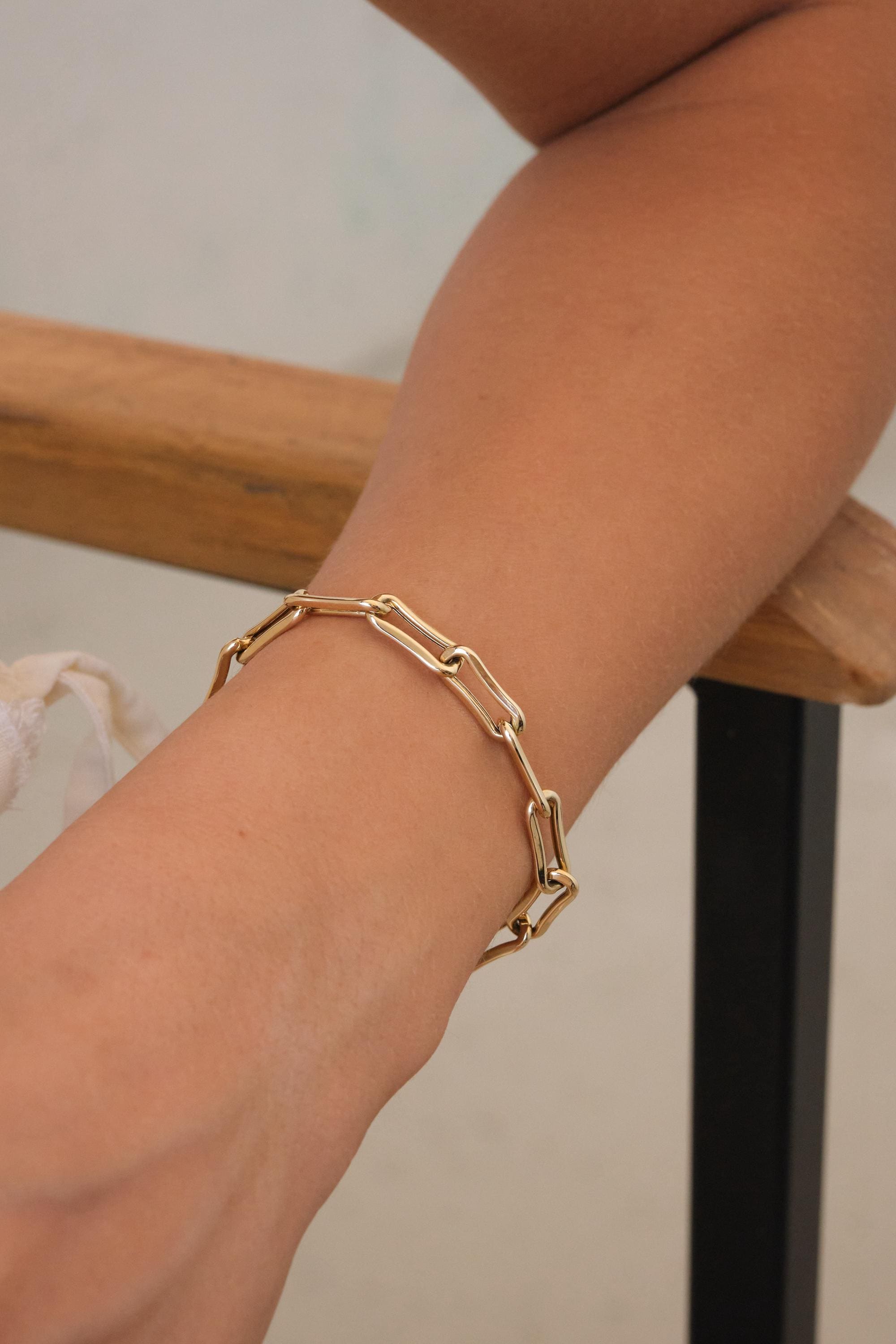 14K Gold Paperclip Chain Bracelet, Elongated Link Gold Bracelet, Minimal Solid Gold Chain, Everyday Stacking Bracelet Gift