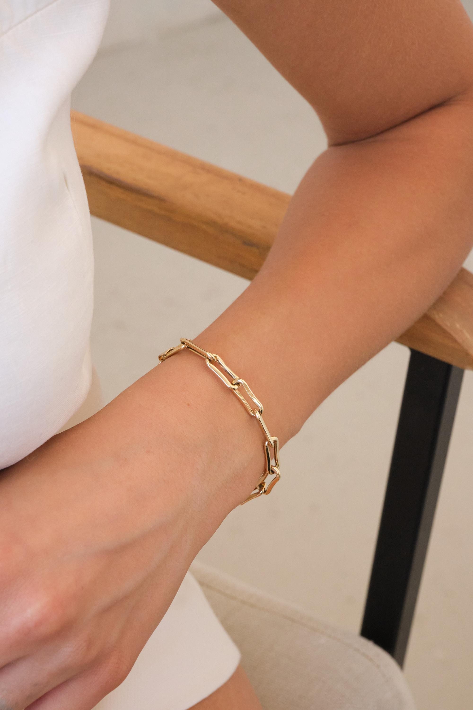 14K Gold Paperclip Chain Bracelet, Elongated Link Gold Bracelet, Minimal Solid Gold Chain, Everyday Stacking Bracelet Gift