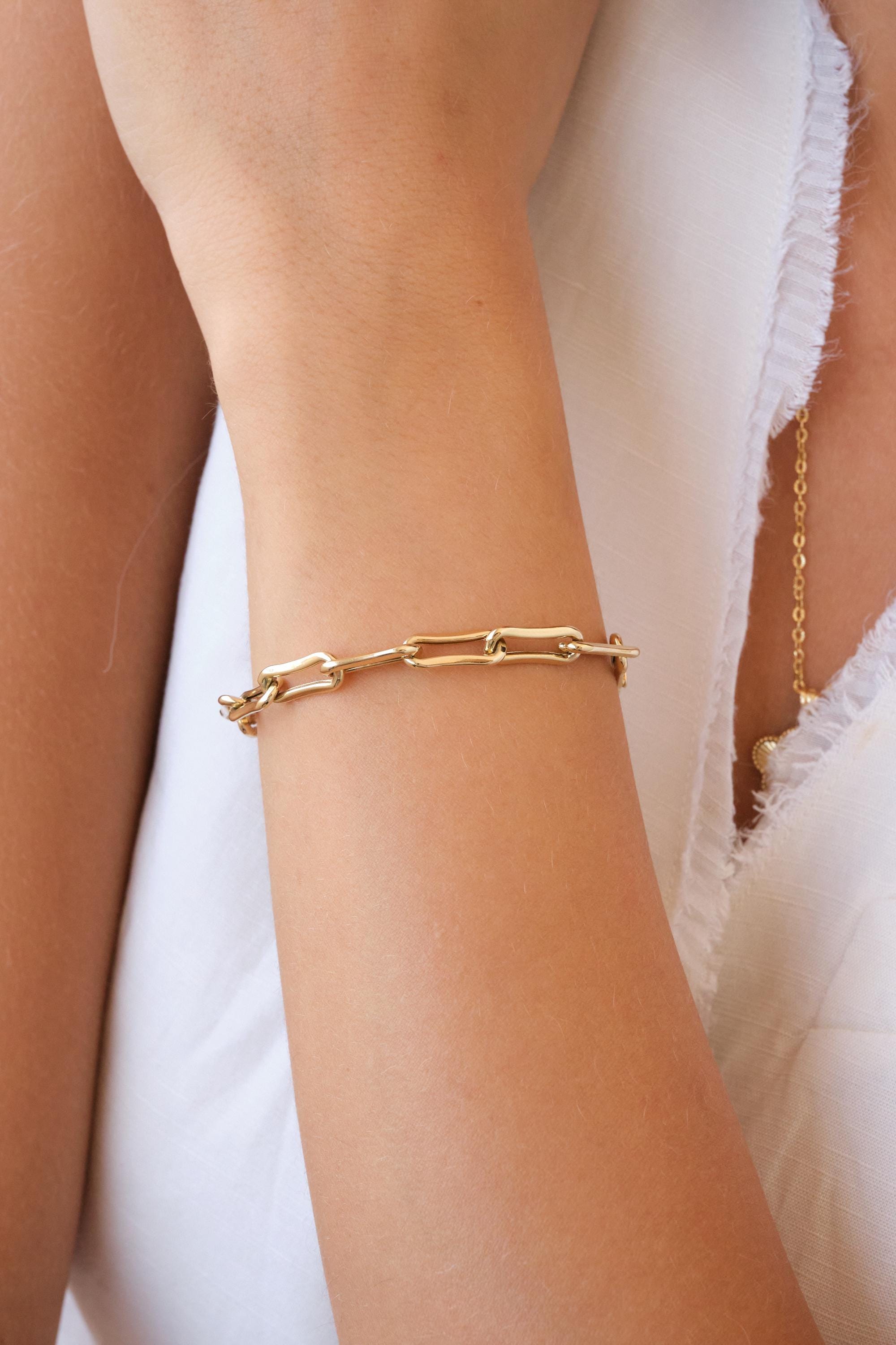14K Gold Paperclip Chain Bracelet, Elongated Link Gold Bracelet, Minimal Solid Gold Chain, Everyday Stacking Bracelet Gift
