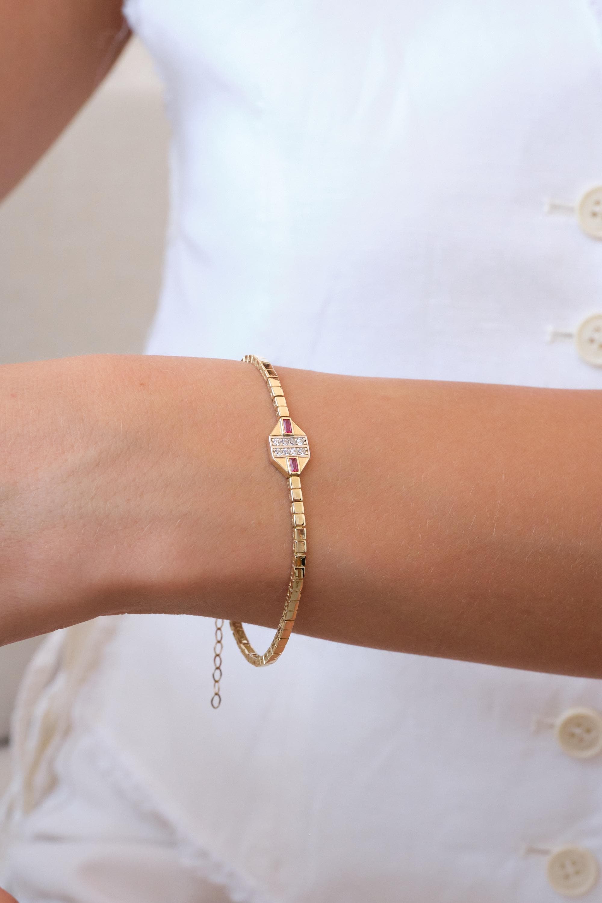 14K Gold Ruby Station Bracelet, Ruby Bar Box Chain Bracelet, Minimal Gemstone Gold Bracelet, Gift for Her