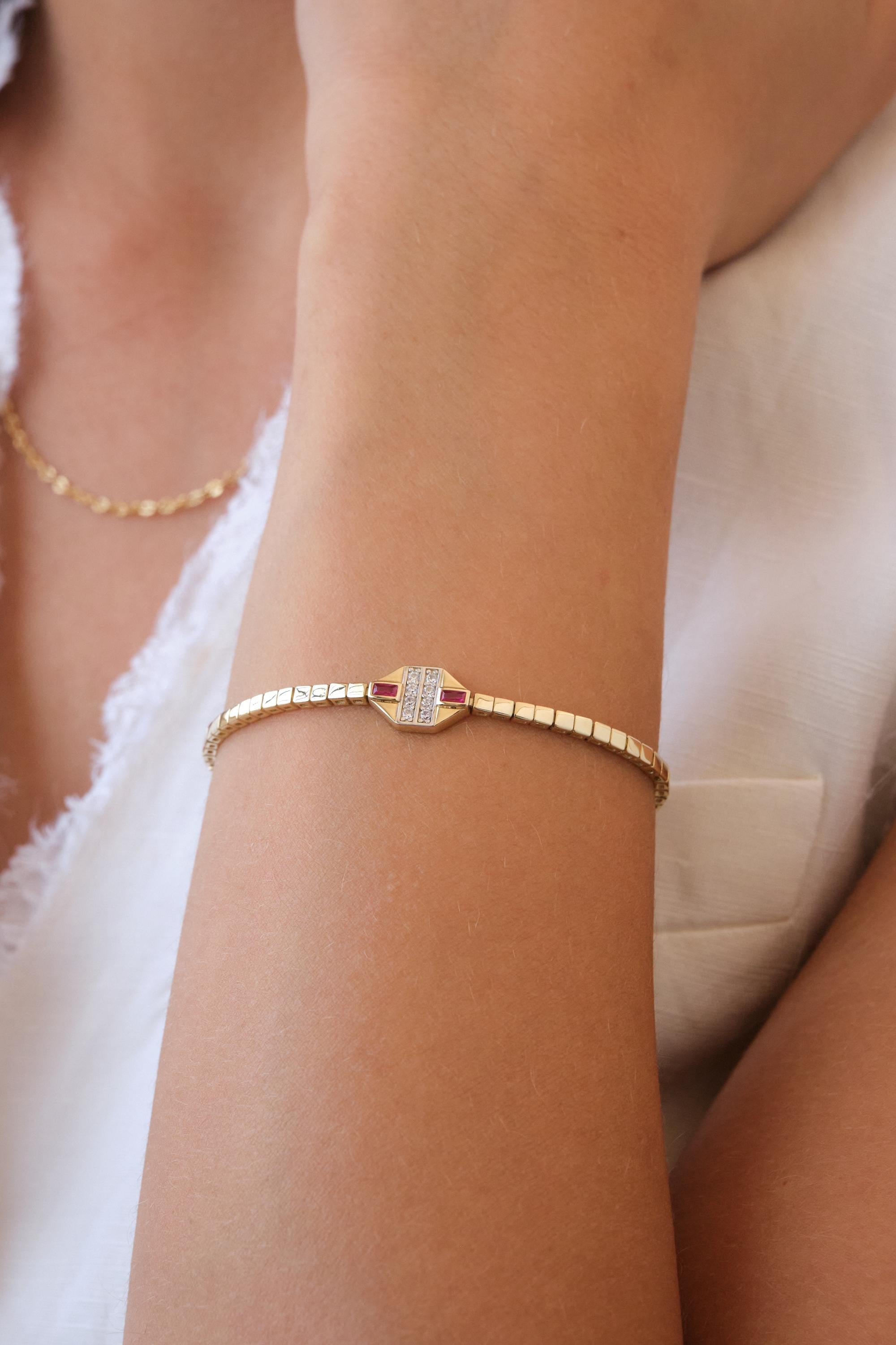 14K Gold Ruby Station Bracelet, Ruby Bar Box Chain Bracelet, Minimal Gemstone Gold Bracelet, Gift for Her