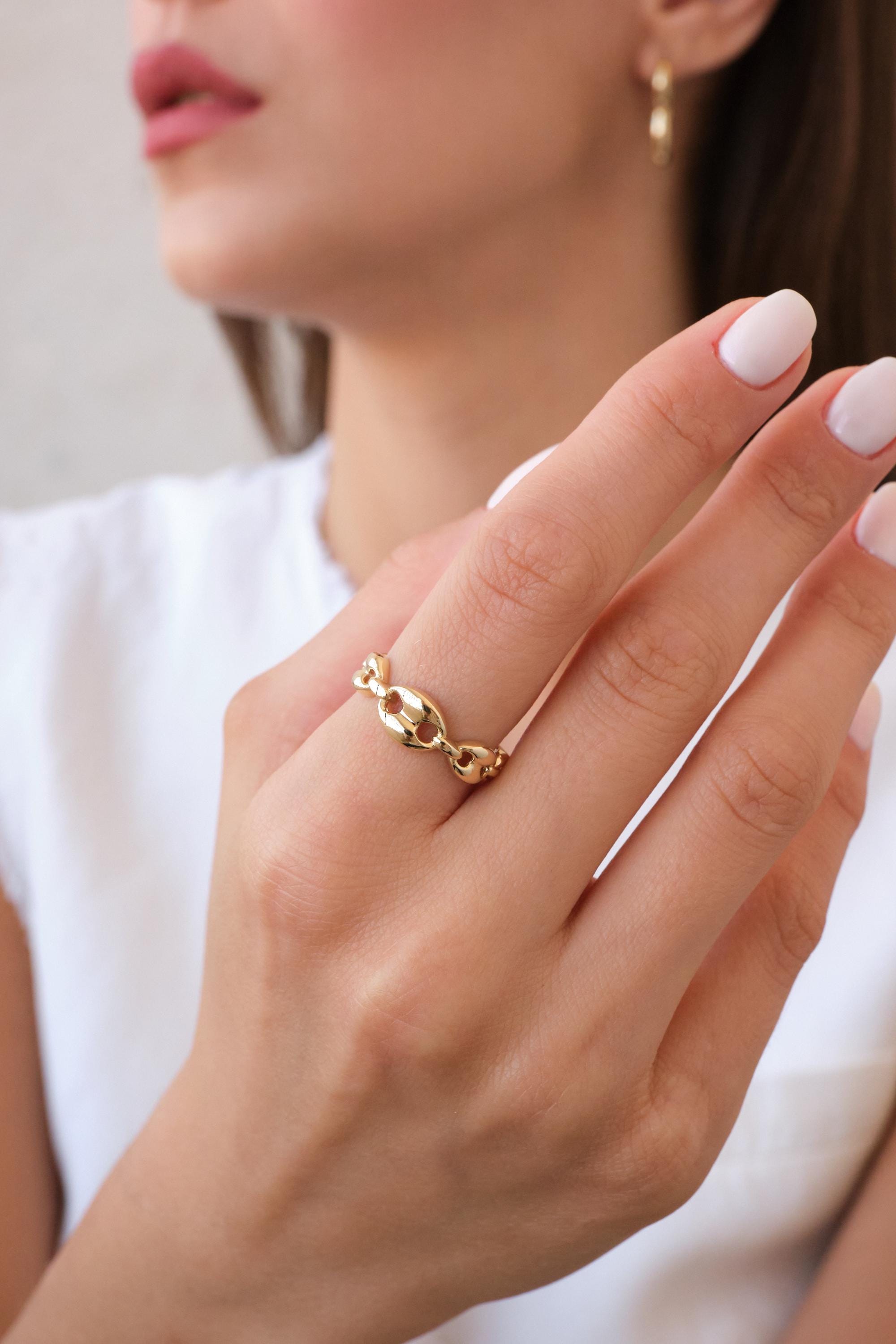 14K Gold Chain Ring, Mariner Link Ring, Thick Chain Puff Ring, Bold Chain Ring, Mariner Gold Stacking Ring, Layering Minimalist Chain Link