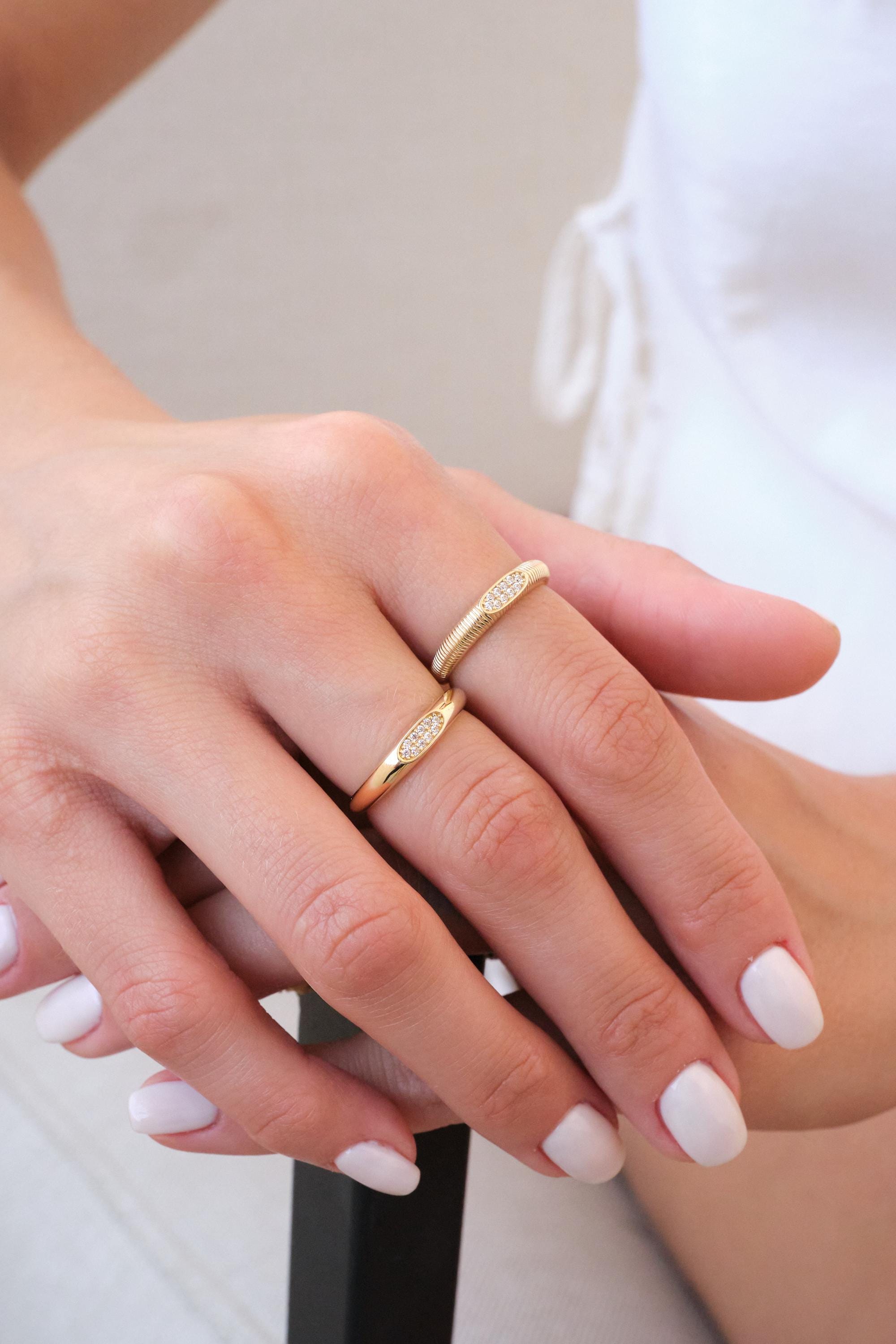 14K Gold Oval CZ Ring, Minimal Gold Band Ring, Dainty Everyday Gold Ring, Modern Stackable CZ Ring