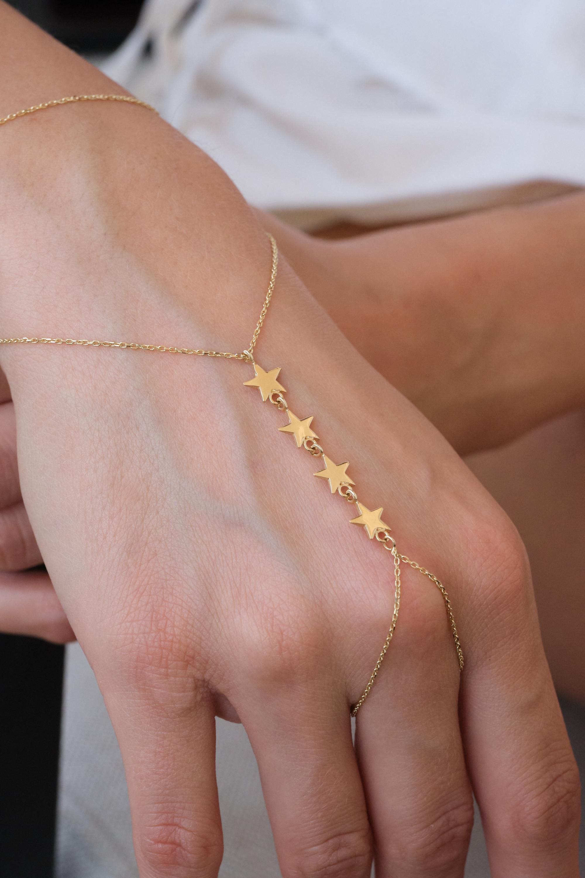 14K Gold Star Hand Chain Bracelet, Minimal Star Slave Bracelet, Delicate Hand Jewelry, Gift for Her