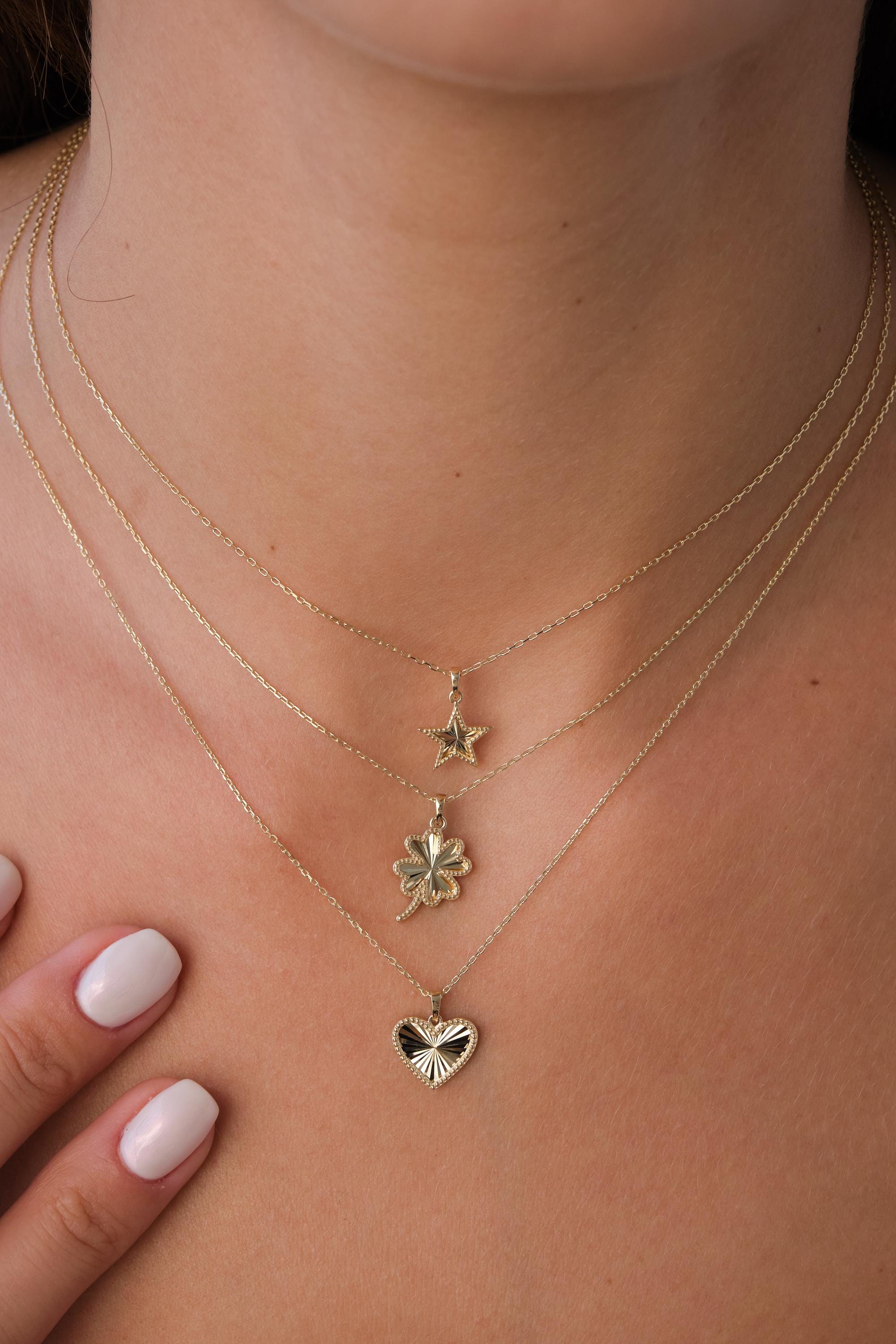 14K Gold Heart Star Clover Necklace, Mini Textured Heart Pendant, Sparkle Gold Star Charm, Small Clover Necklace, Love Pendant Necklace
