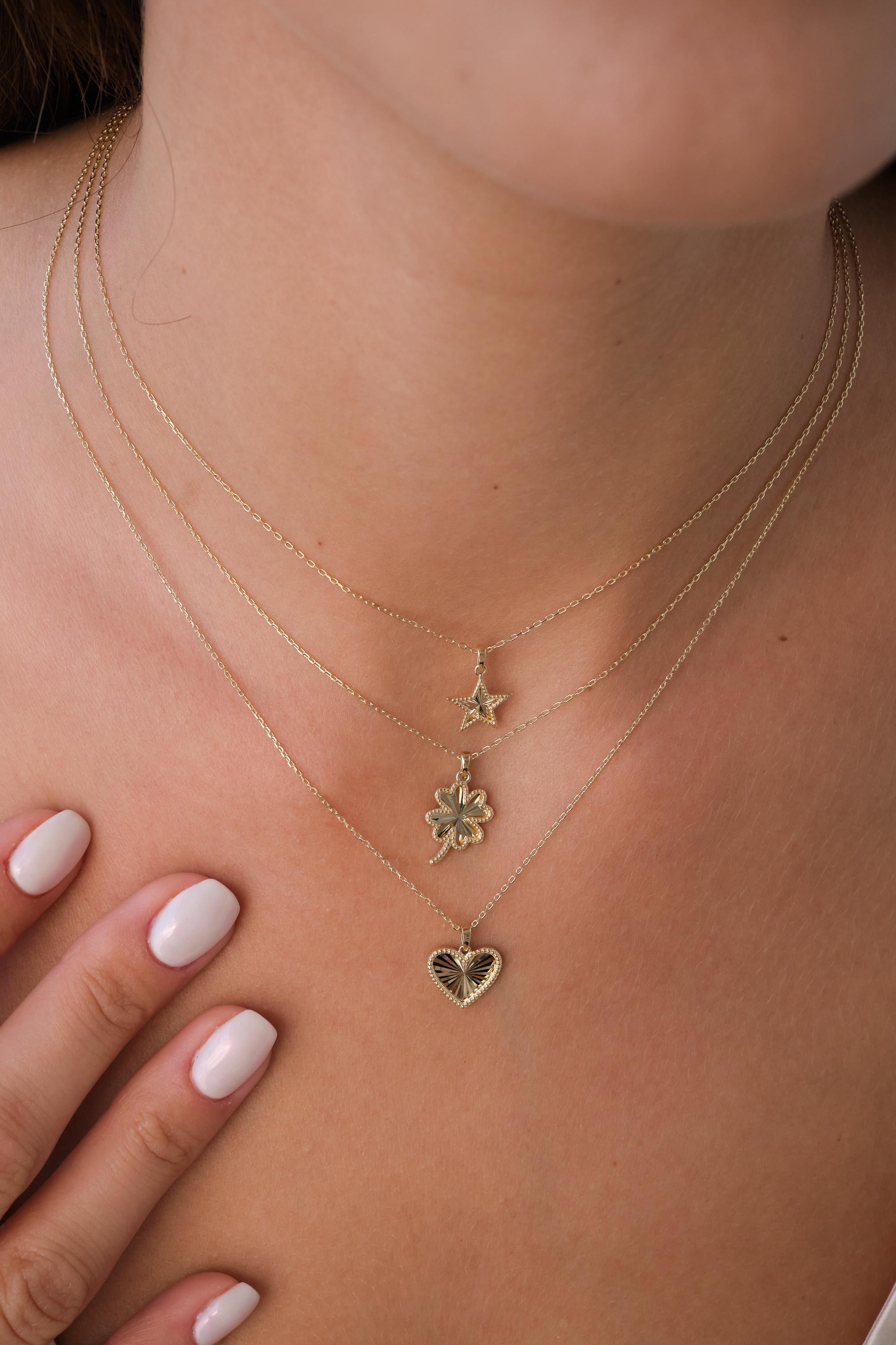 14K Gold Heart Star Clover Necklace, Mini Textured Heart Pendant, Sparkle Gold Star Charm, Small Clover Necklace, Love Pendant Necklace