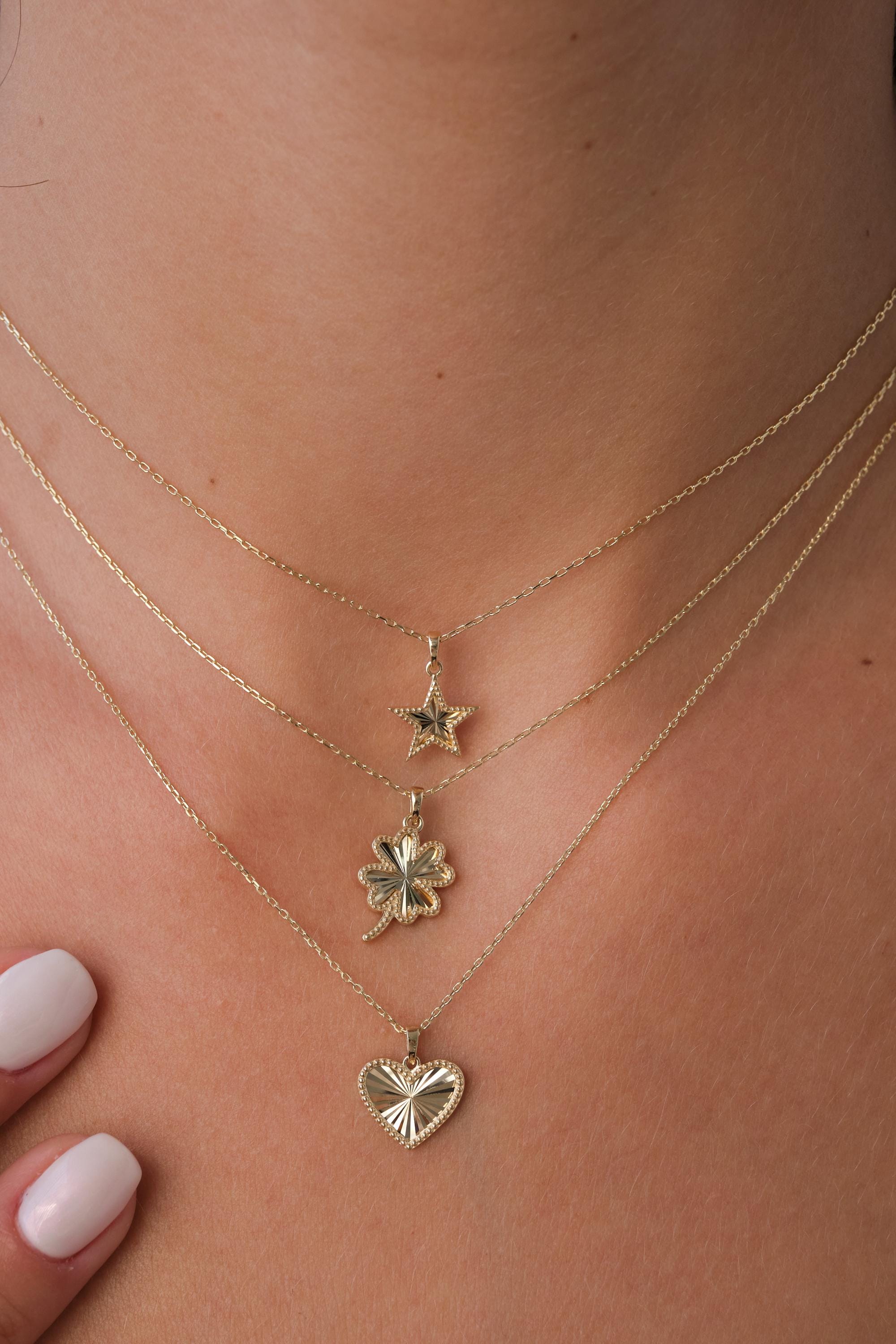 14K Gold Heart Star Clover Necklace, Mini Textured Heart Pendant, Sparkle Gold Star Charm, Small Clover Necklace, Love Pendant Necklace