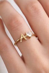 14K Gold Initial Ring with Removable Letters, Heart Stone Ring