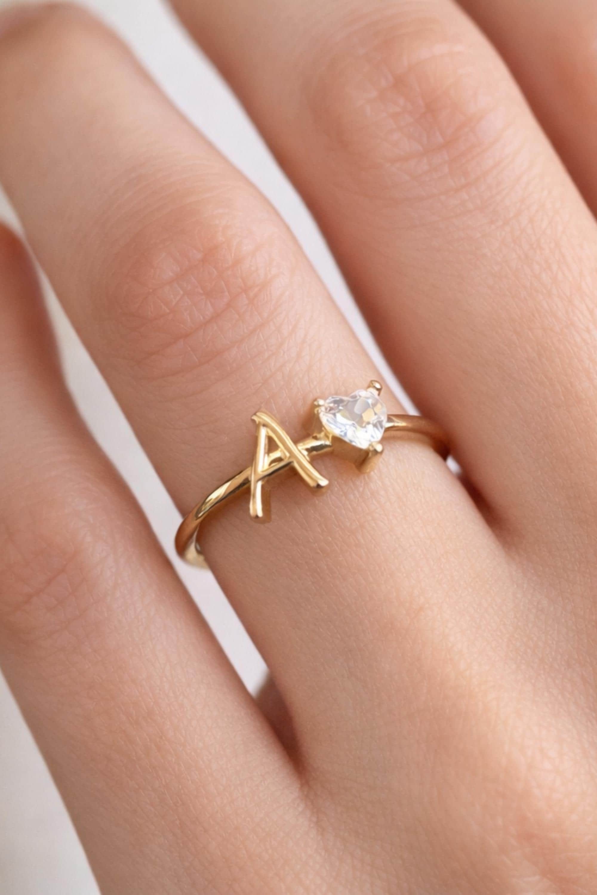 14K Gold Initial Ring with Removable Letters, Heart Stone Ring, Personalized Letter Ring, Custom Name Ring, Meaningful Gift for Her