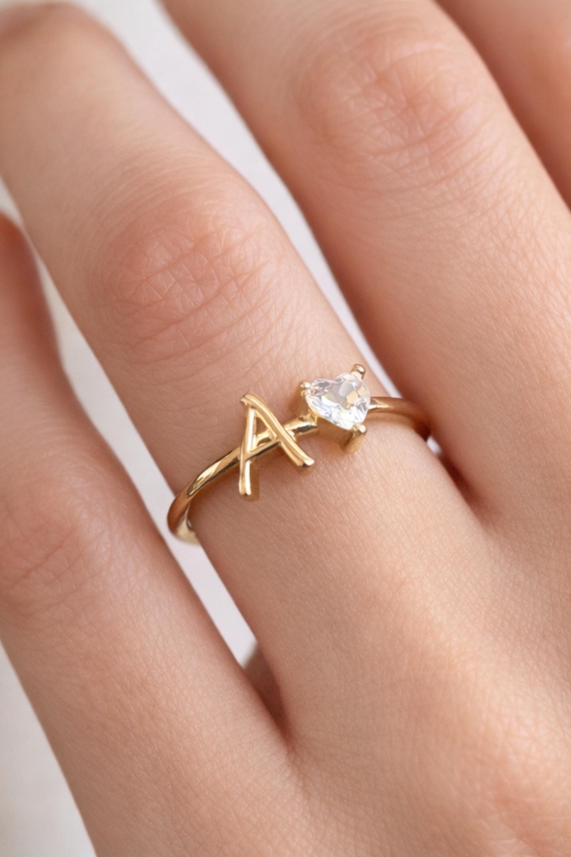 14K Gold Initial Ring with Removable Letters, Heart Stone Ring, Personalized Letter Ring, Custom Name Ring, Meaningful Gift for Her