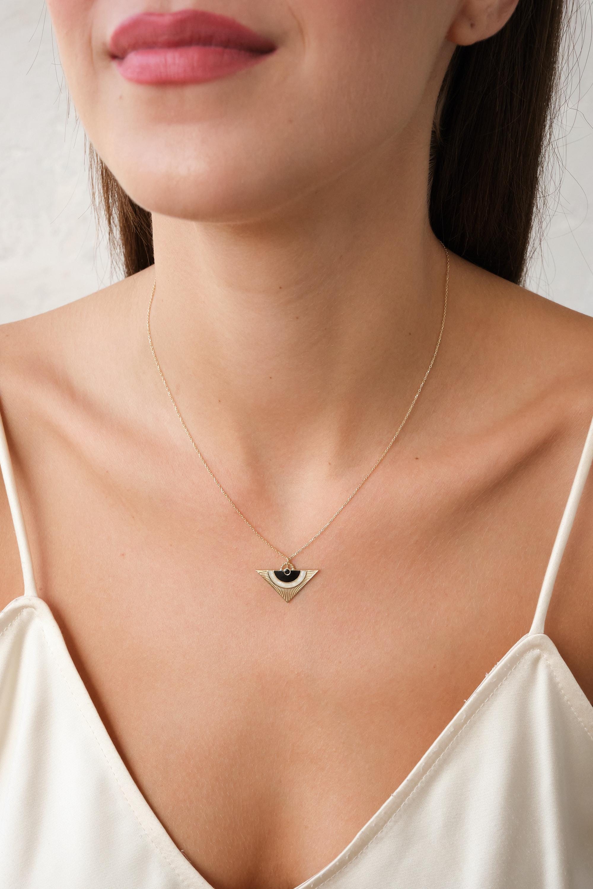 14K Gold Sunburst Triangle Necklace, Art Deco Geometric Pendant, Minimal Statement Jewelry, Unique Gift for Her