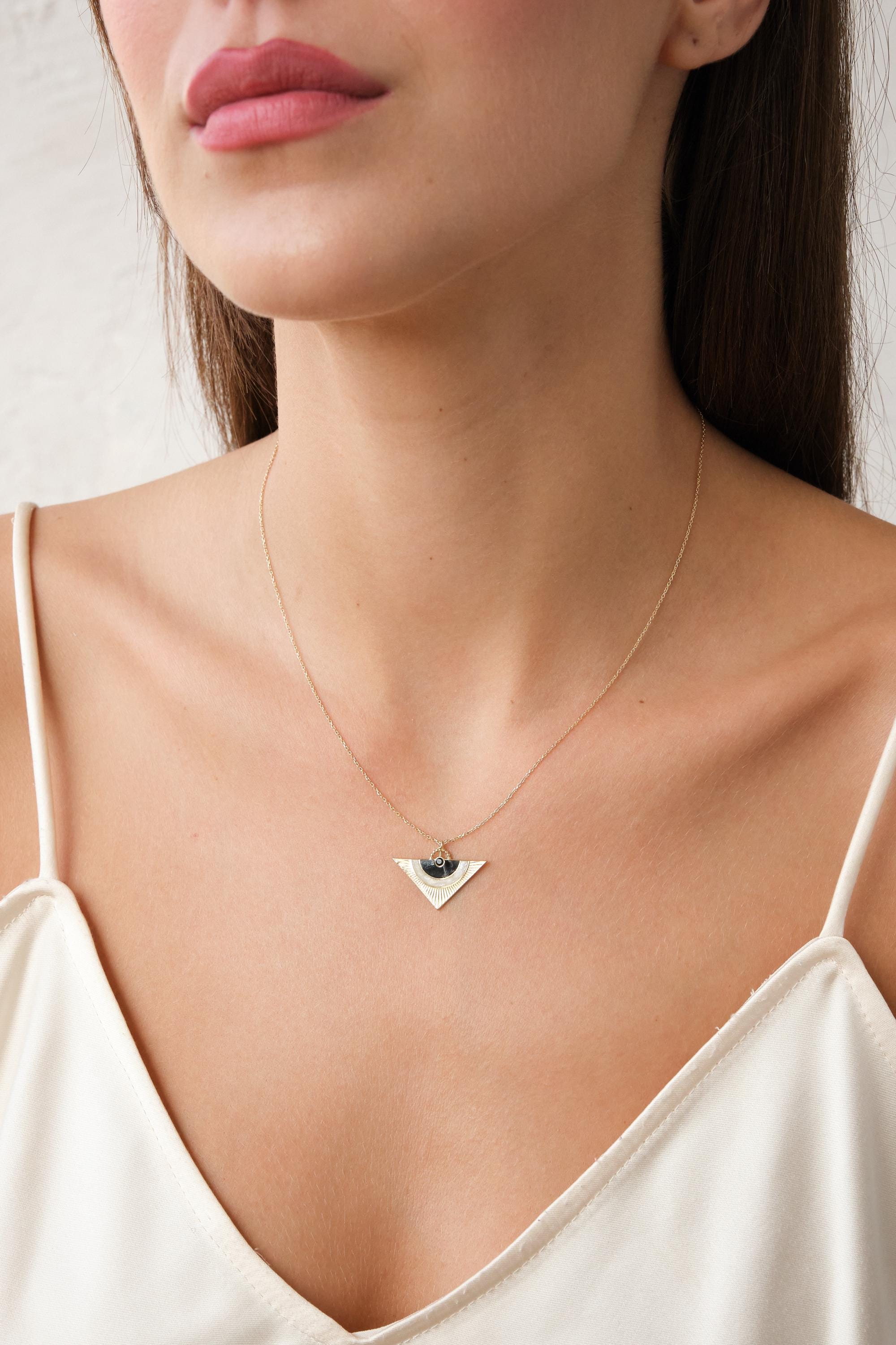 14K Gold Sunburst Triangle Necklace, Art Deco Geometric Pendant, Minimal Statement Jewelry, Unique Gift for Her