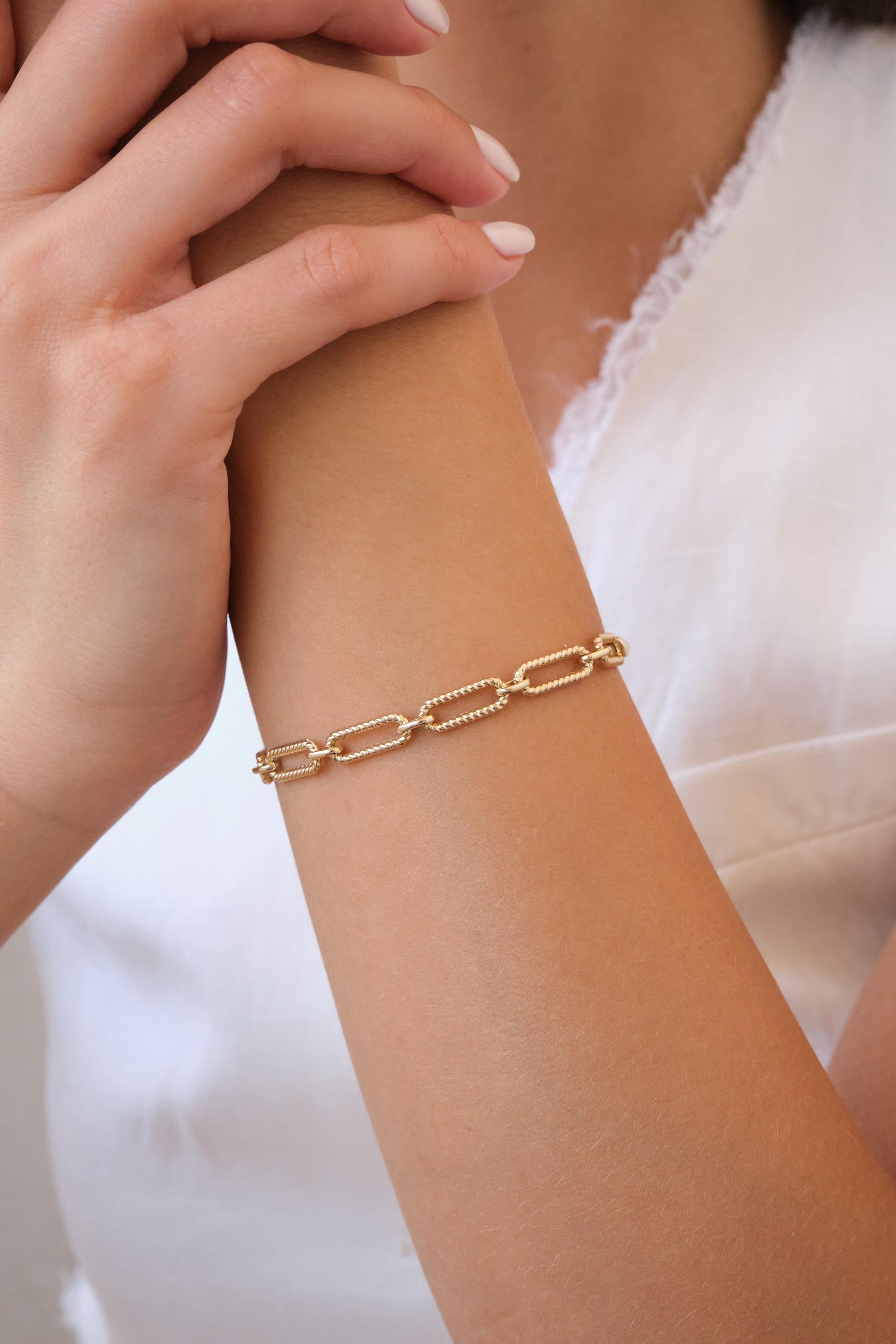 14K Gold Paperclip Chain Bracelet, 4.5mm Rectangle Long Chain, Rope Chain Link Bracelet, Stacking Bracelets, Twisted Chain, Gift For Her