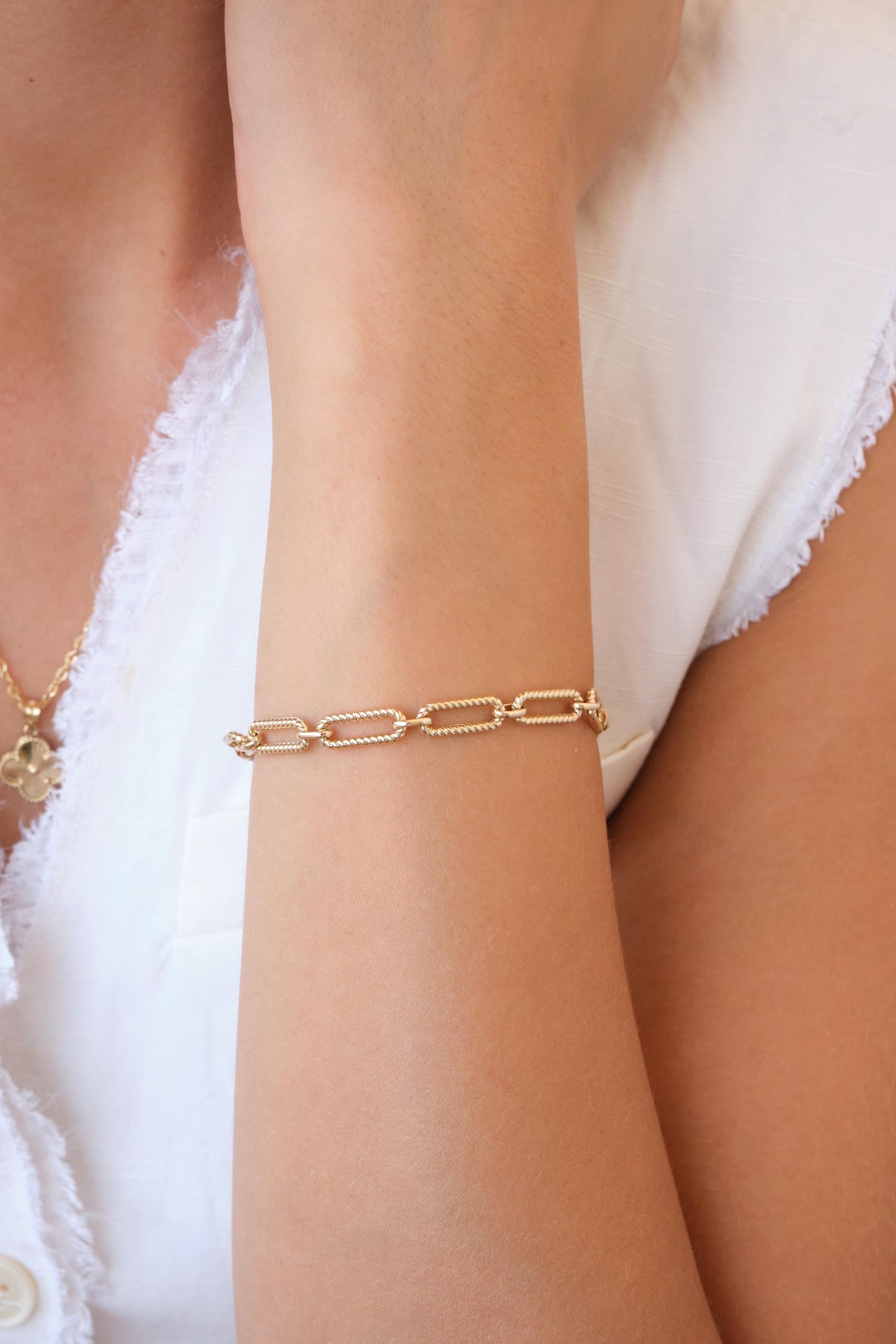 14K Gold Paperclip Chain Bracelet, 4.5mm Rectangle Long Chain, Rope Chain Link Bracelet, Stacking Bracelets, Twisted Chain, Gift For Her