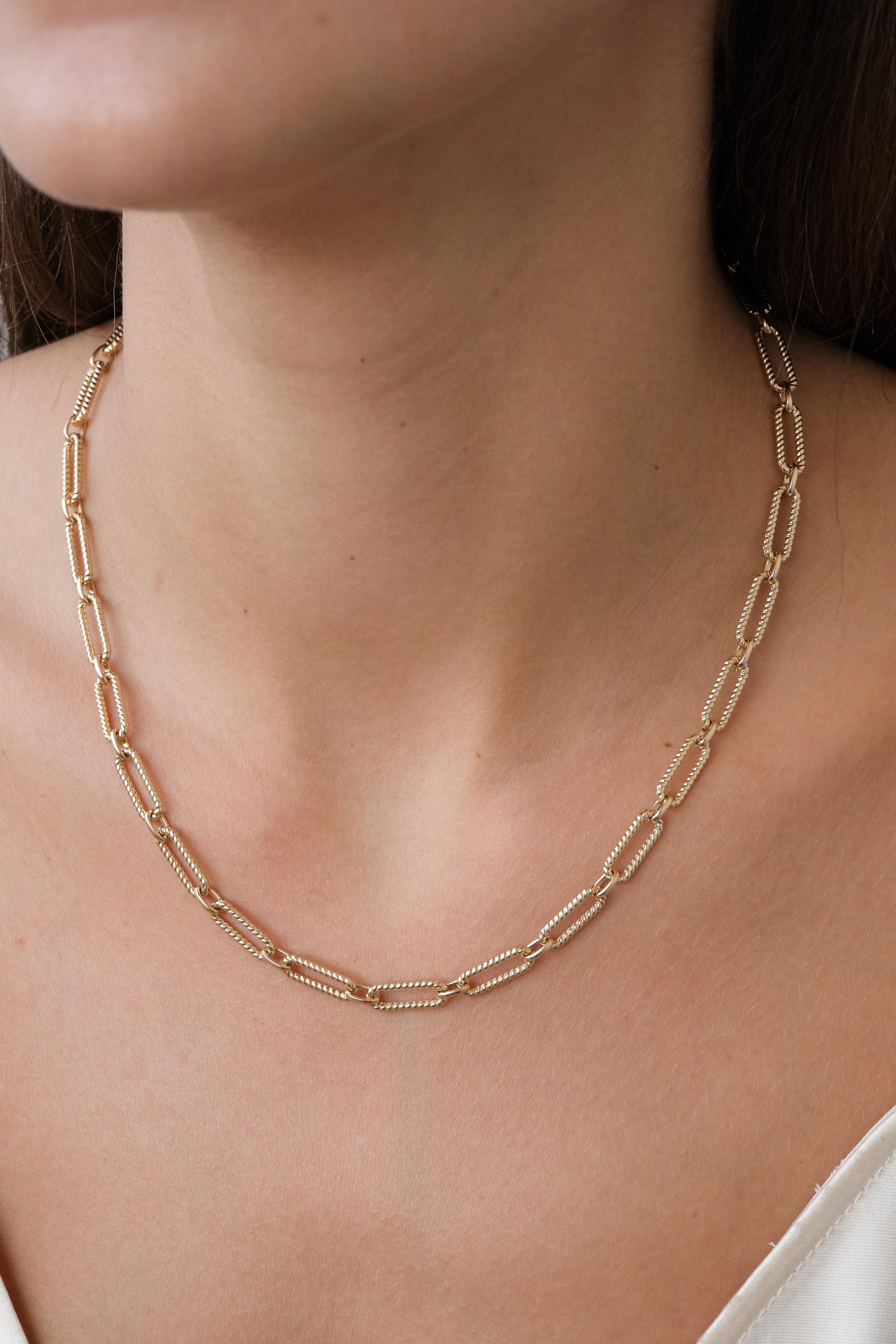 14K Gold Rectangle Long Chain Necklace, Paperclip Rope Rolo Chain, Chunky Oval Chain Link Necklace, Layered Everyday Choker Necklace
